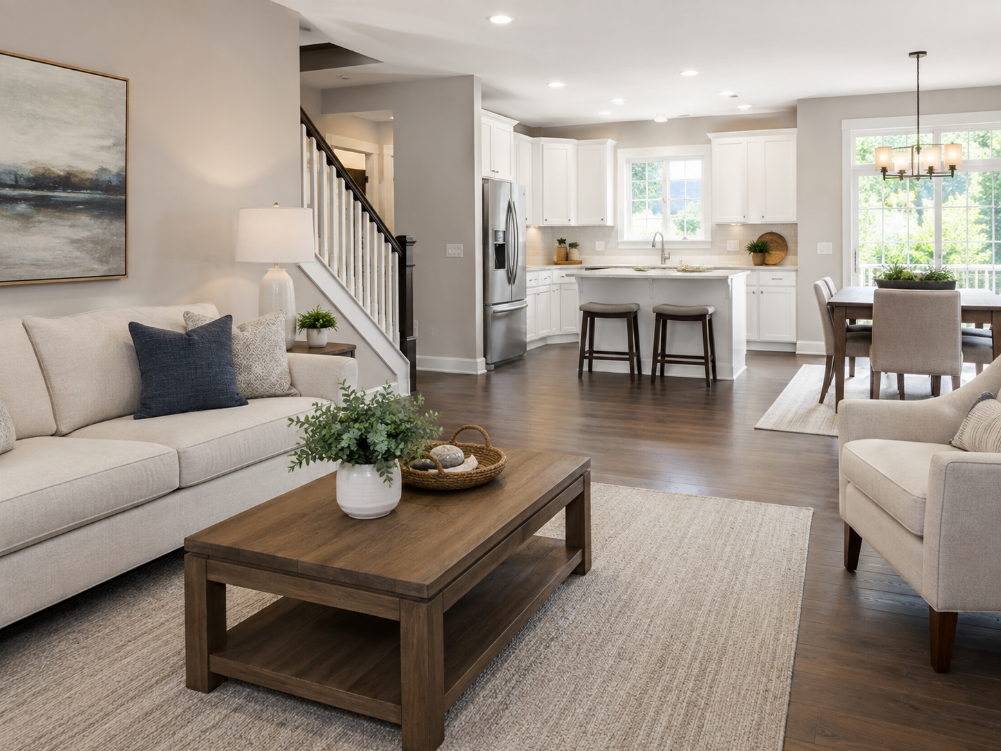 Living room with beige sofa, armchair, wooden coffee table with plant, living room rug, open kitchen with white cabinets, stainless steel refrigerator, dining table with chairs, hardwood floors, daylight streaming through windows.