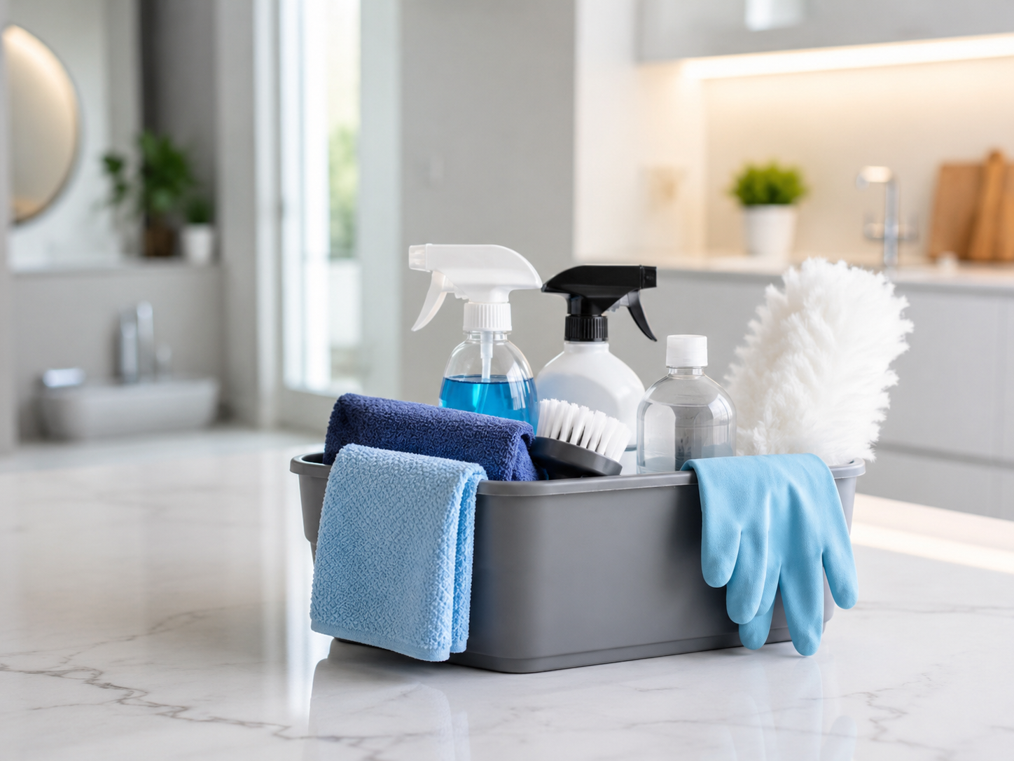 Cleaning supplies including spray bottles, towels, gloves, a scrub brush, and a feather duster in a gray basin on a marble countertop in a bright, modern kitchen.