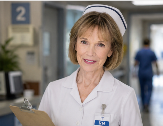 Mary O' Kerrigan in acting role as female nurse in a white uniform and nurse's cap standing in a hospital corridor, holding a clipboard.