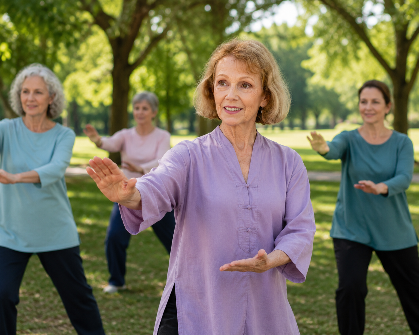 Mary O' Kerrigan practicing Tai Chi in a park on a sunny day.