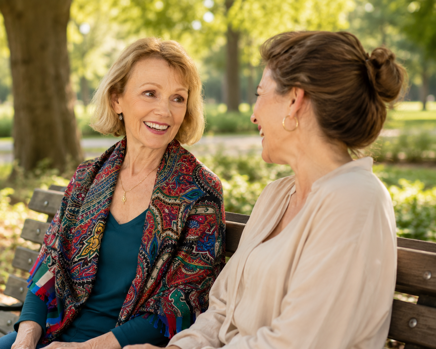 Mary O' Kerrigan speaking with another women sitting on a park bench, smiling and talking to each other. They are outdoors with trees and greenery in the background.