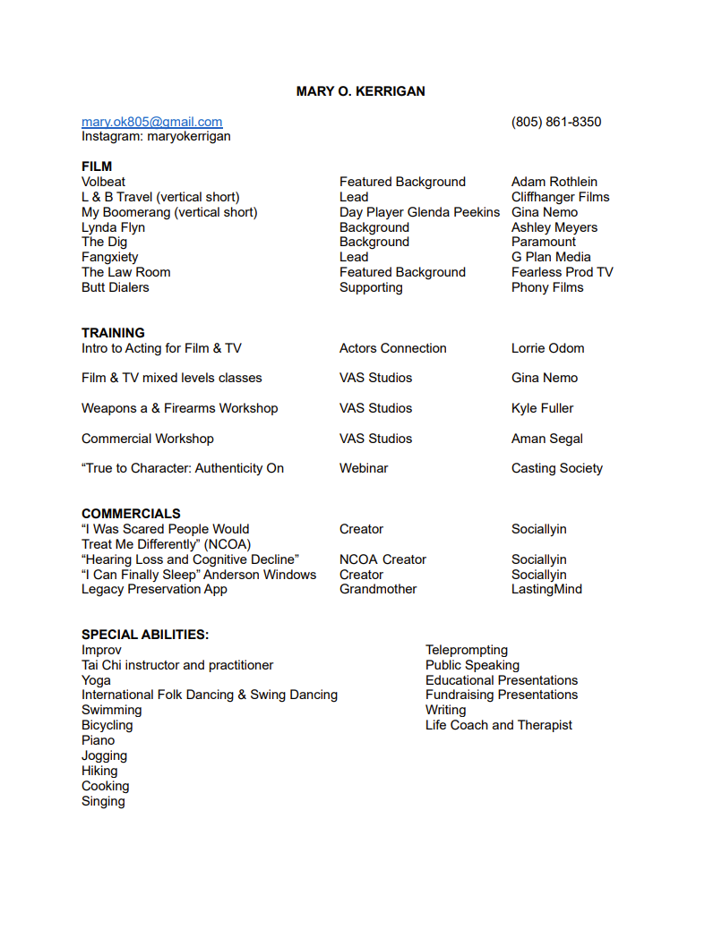 A detailed resume or CV for Mary O. Kerrigan listing sections for Film, Training, Commercials, and Special Abilities, with various titles, descriptions, and contact information.