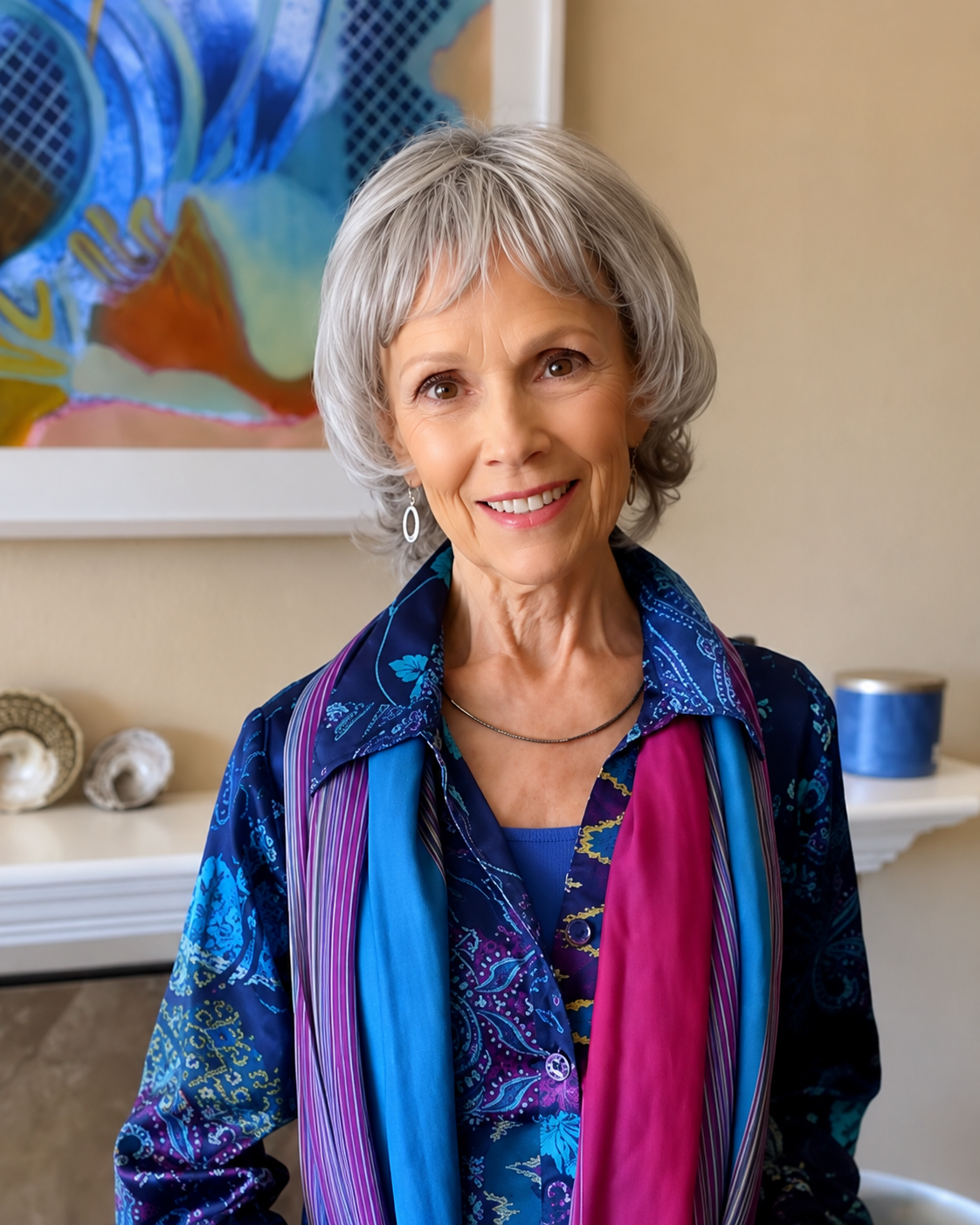 Mary O' Kerrigan with gray hair smiling indoors, wearing a blue patterned shirt and a colorful silk scarf with pink, blue, and purple stripes, standing in front of abstract artwork and decorative seashells on display.