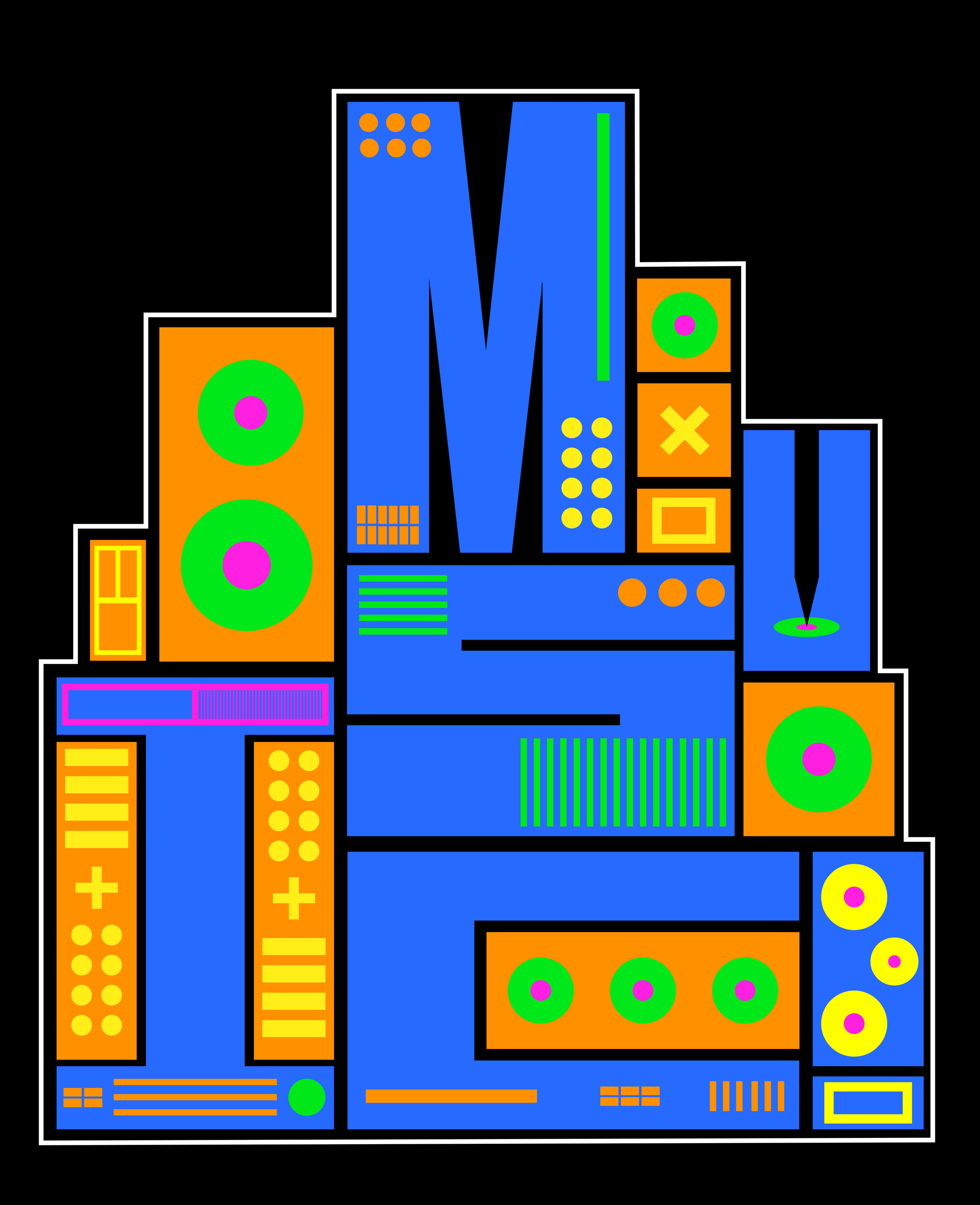 Abstract digital art featuring geometric shapes, bold colors, and patterns on a black background, with a large blue rectangle at the center and smaller orange, green, pink, and yellow elements.
