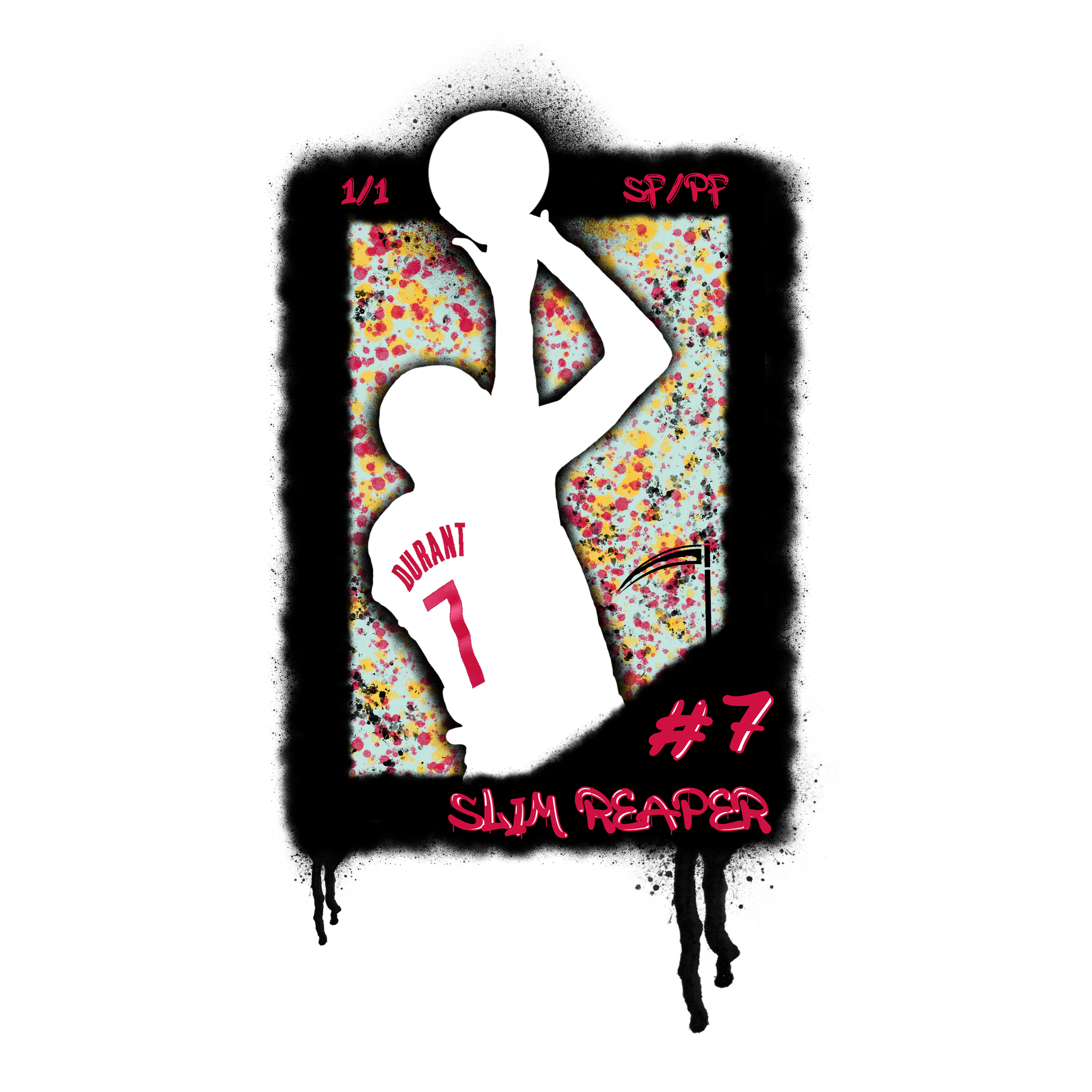 A black background with a white silhouette of a woman in a provocative pose, surrounded by colorful paint splatters. Pink and red text overlaid on the image contains phrases such as '1/1', 'SF/PF', 'DURANT', and other words partially visible.