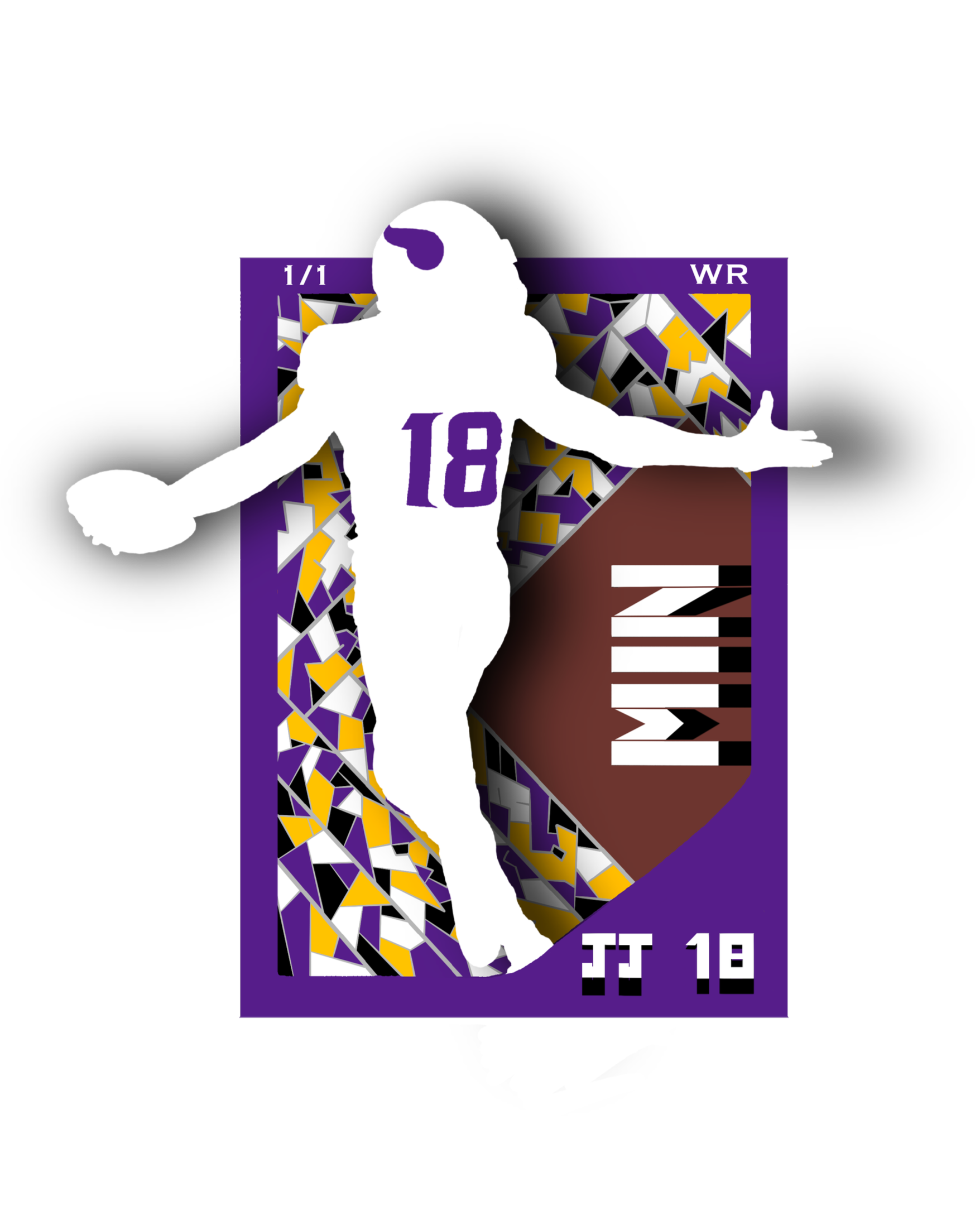 Silhouette of a football player wearing jersey number 18 with arms outstretched, set against a background resembling a trading card with abstract purple, gray, yellow, and black patterns.