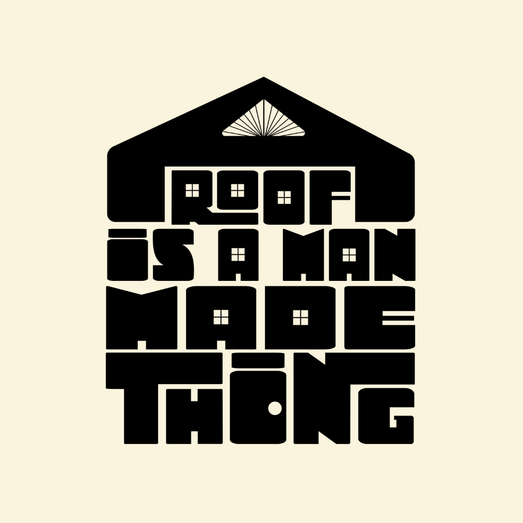 Stylized black house with the phrase "Room is a man has taken" arranged in block letters on the front, featuring small window illustrations within some letters, set against a light beige background.