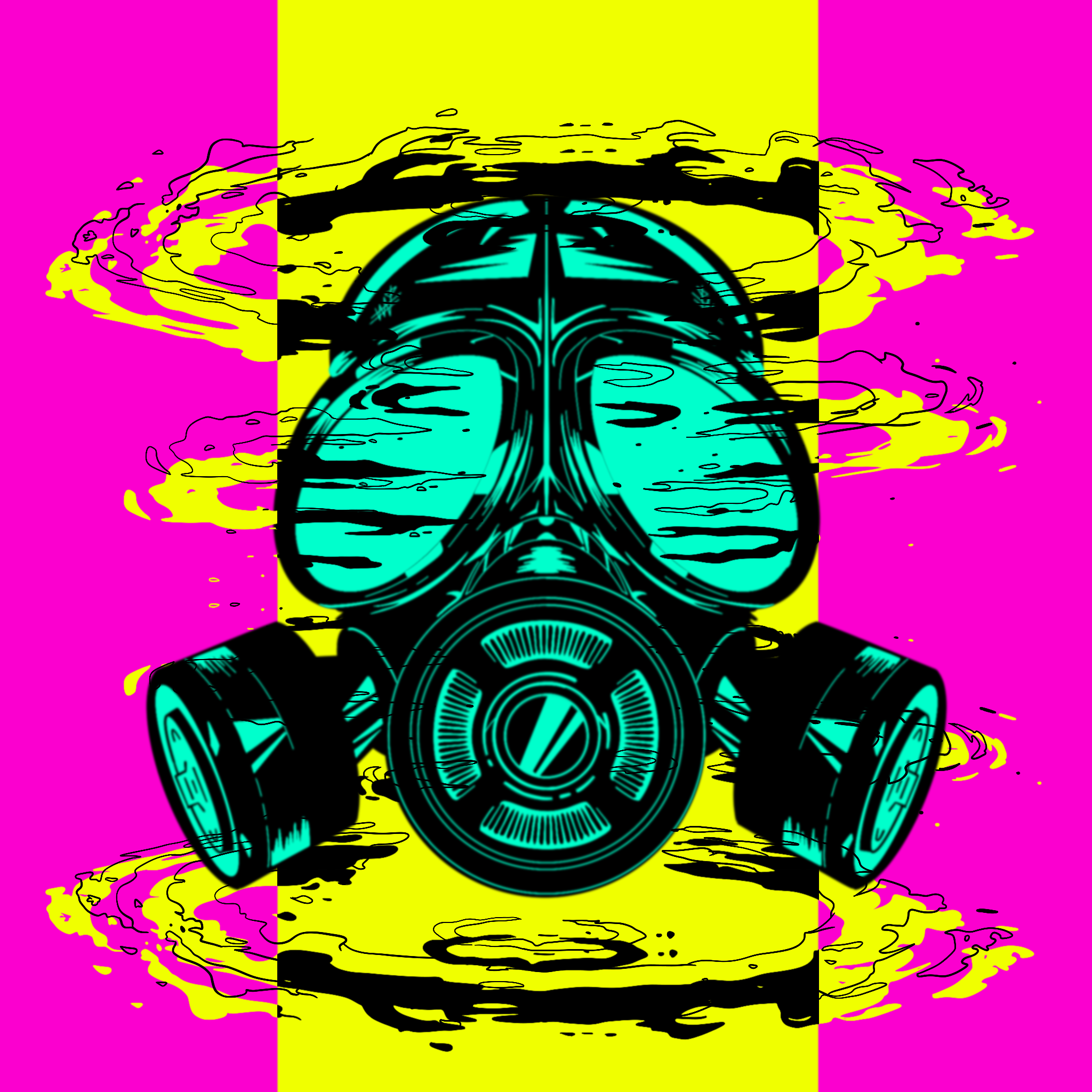 An abstract digital artwork featuring a central design resembling a stylized face or helmet with glowing neon blue lines. The background is divided into three vertical sections with bright pink on the sides and yellow in the middle. Yellow and black 