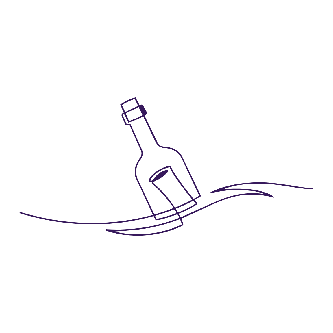 Minimalist line drawing of a bottle floating in water with wave lines