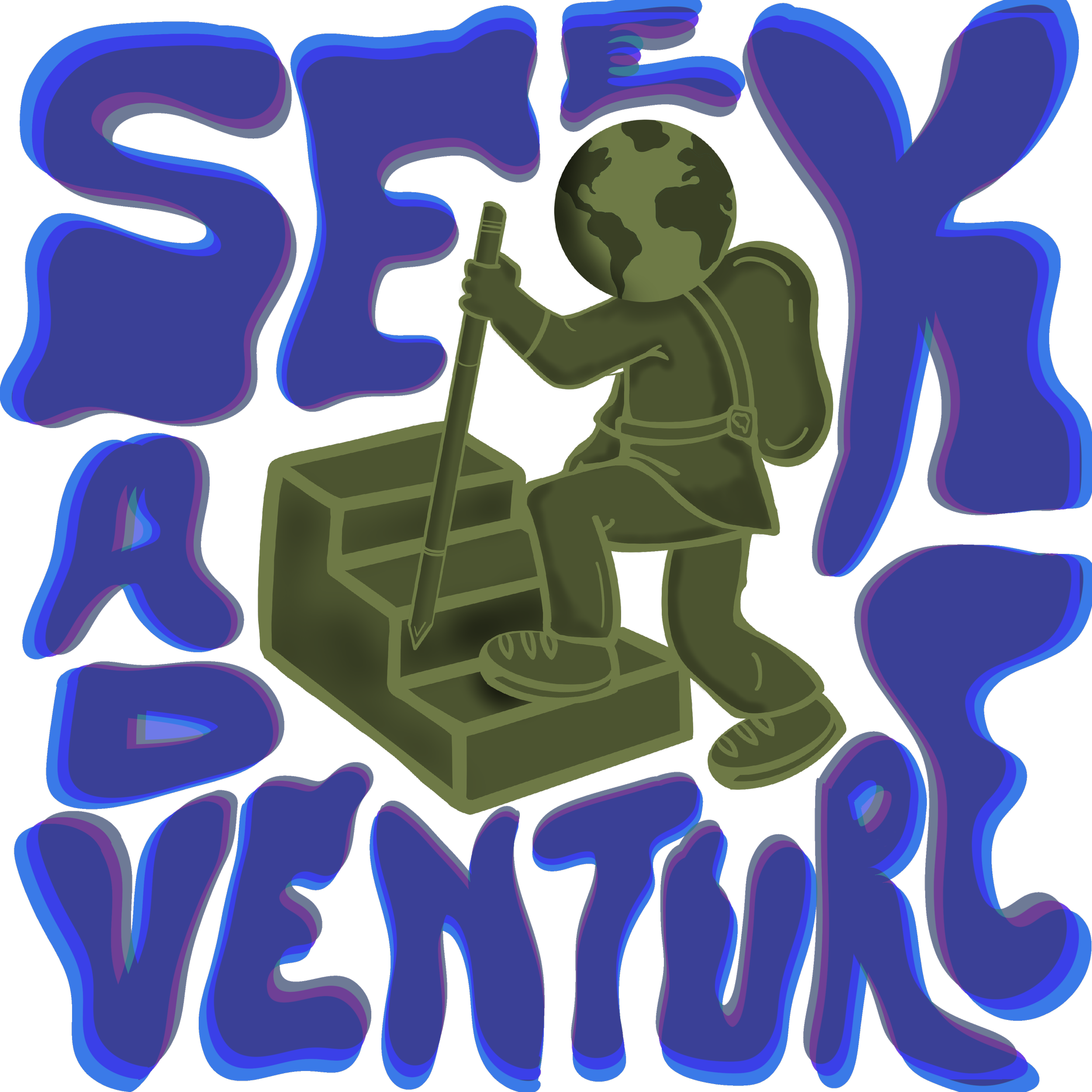 Cartoon illustration of the word 'SELY' in large, stylized blue letters, with a character with a globe head holding a stick and sitting in a box.