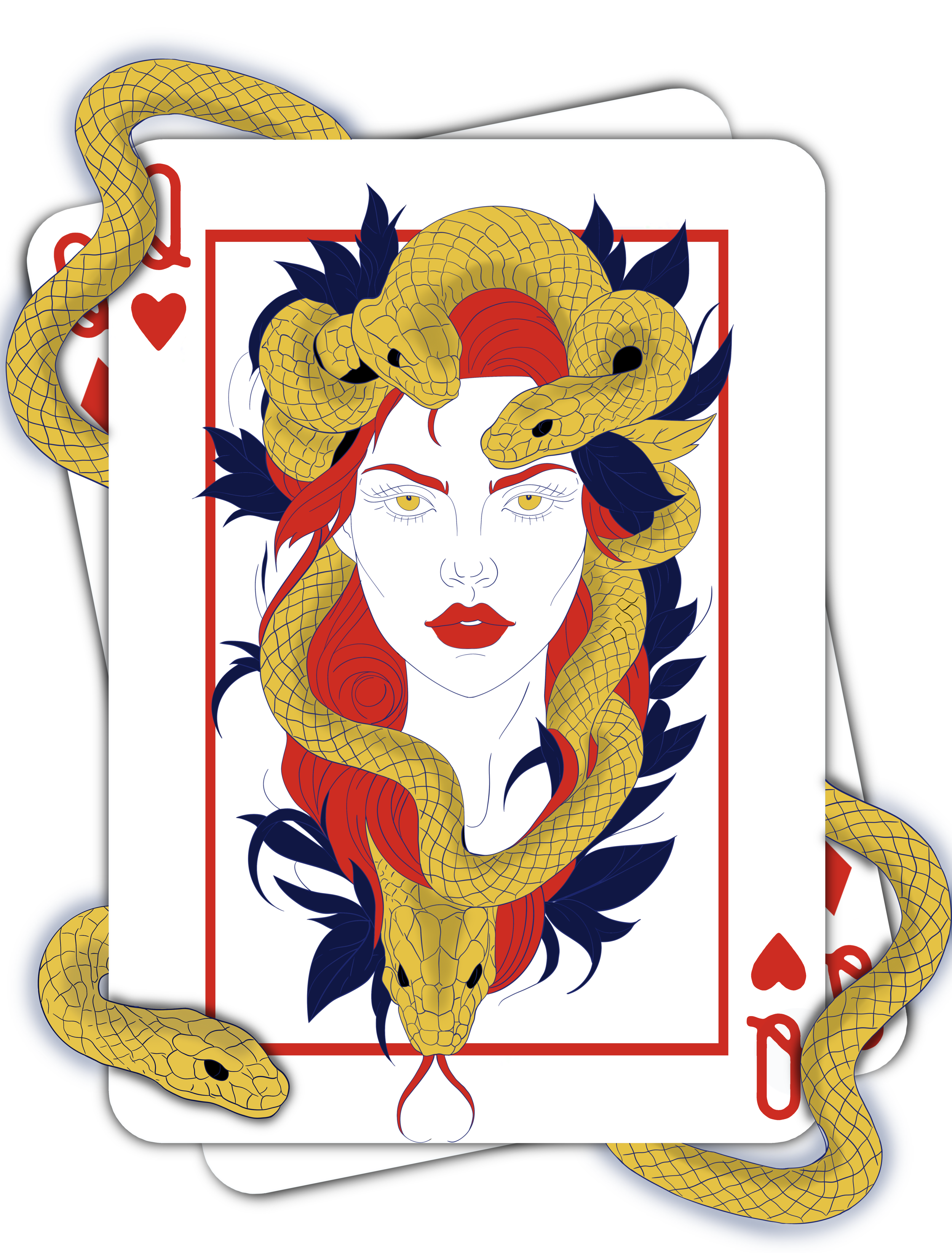 A playing card featuring a woman with snakes in her hair, with a yellow snake coiled around her face and shoulders, and dark blue leaves surrounding her.