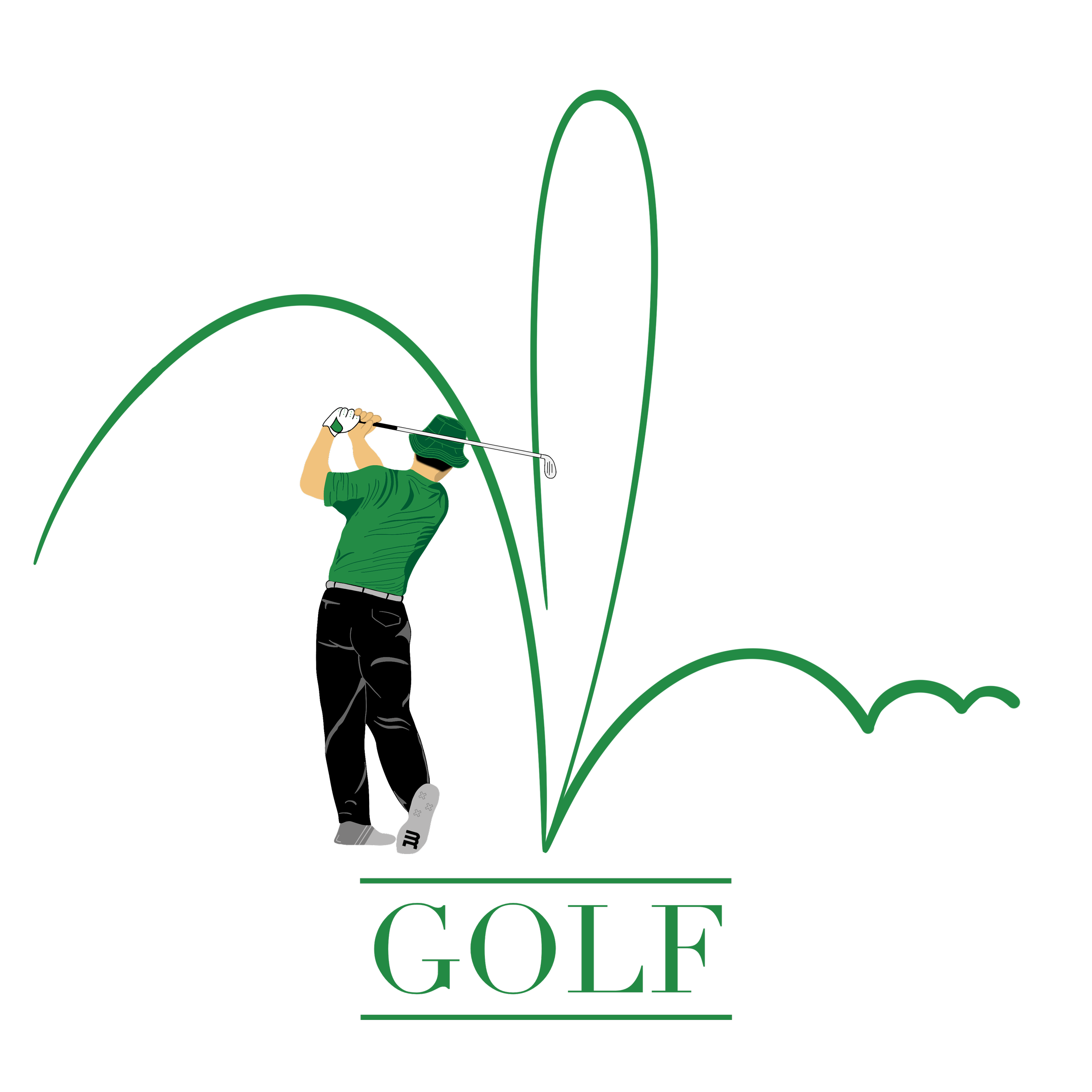 Illustration of a male golfer in green shirt and black pants swinging a golf club, with the words 'GOLF' written beneath him.