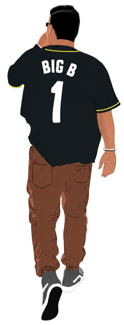Back view of a person walking, wearing a black sports jersey with 'BIG B' and the number '1' on the back, brown pants, and sneakers, with short black hair and glasses.