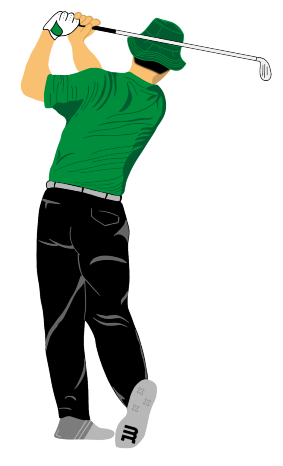 A man in a green shirt, black pants, and a green hat is playing golf, holding a golf club. He is standing on a golf course.