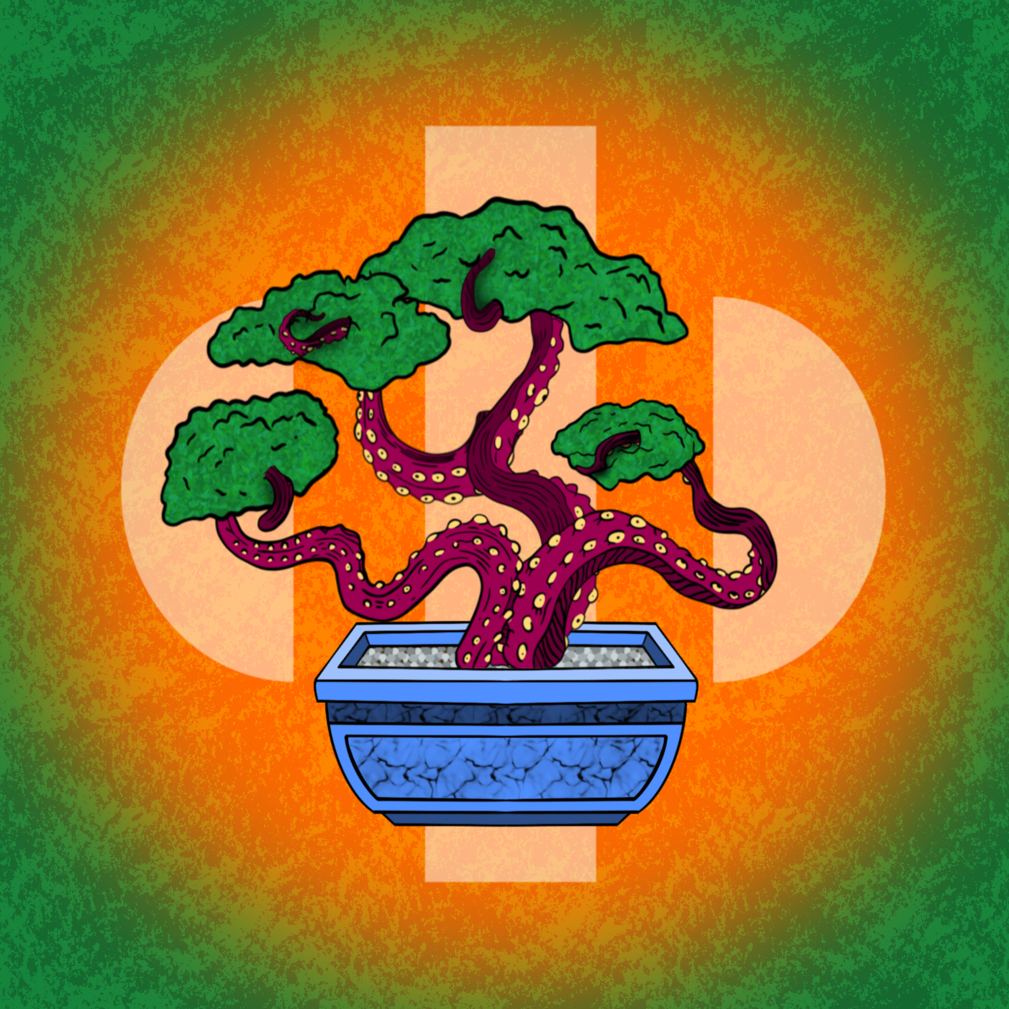 A colorful illustration of a tree with purple branches and green foliage, set against a background with a gradient of orange, green, and red.