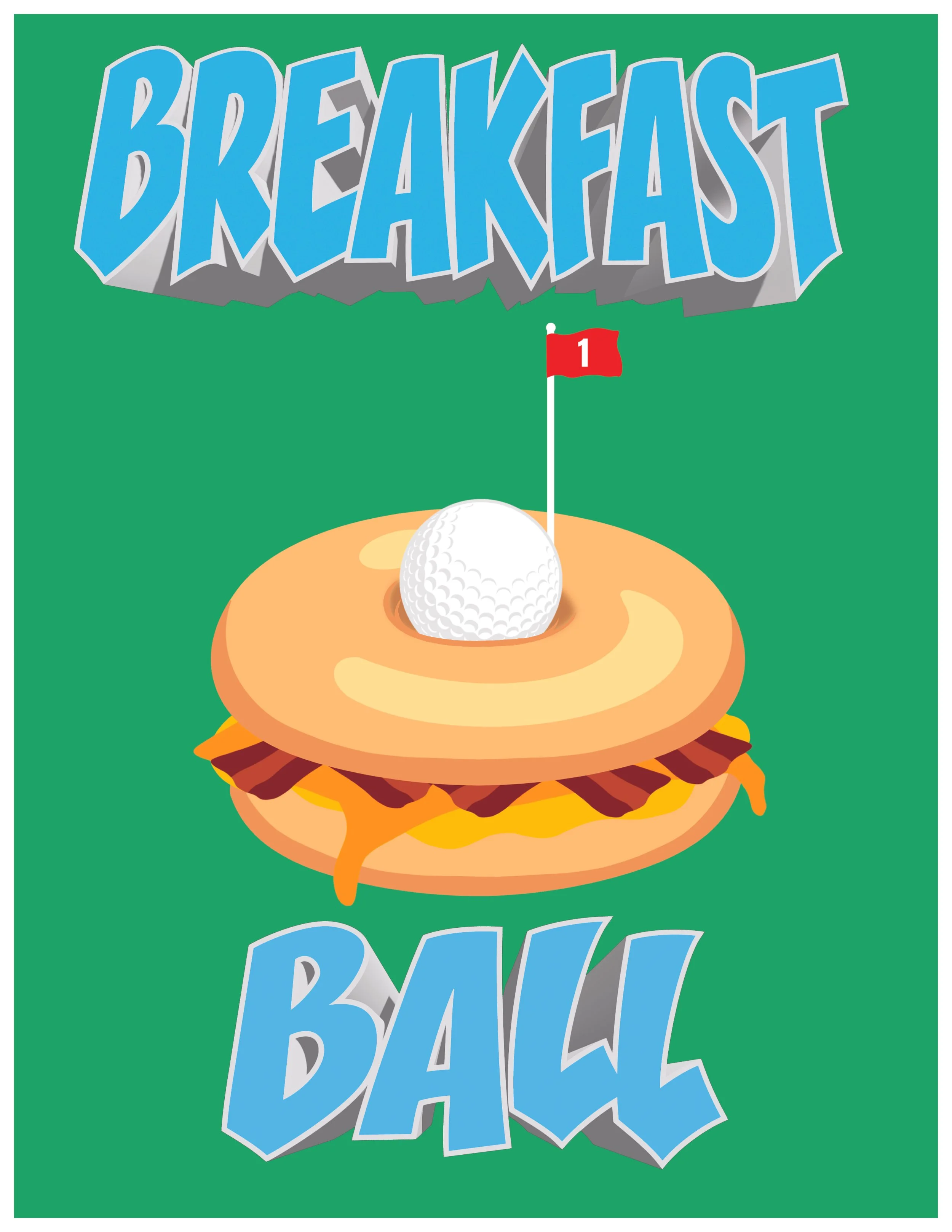 A colorful graphic of a hamburger with a fried egg and a golf ball on top, with a red flag labeled '1' nestled on the golf ball.