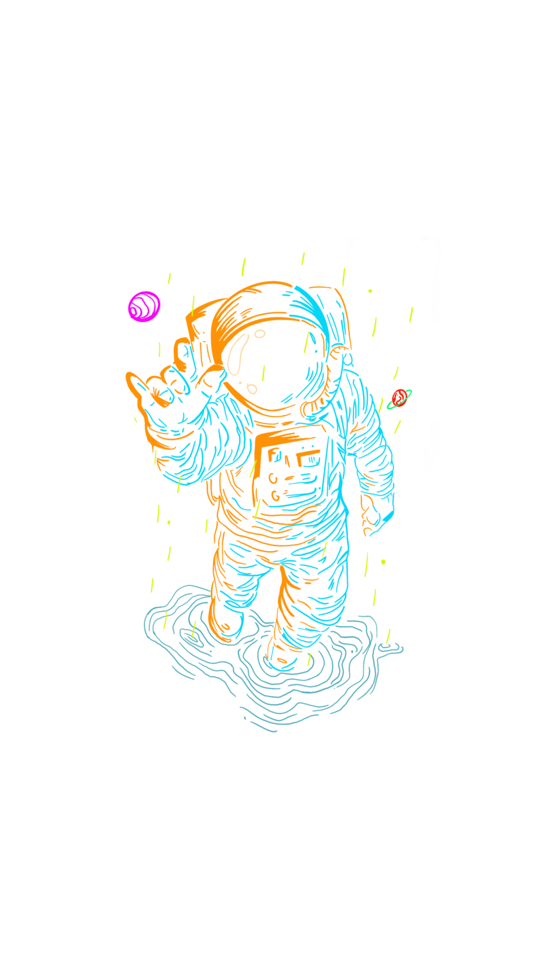 A digital illustration of an astronaut in a spacesuit, standing on a platform, with a wings and helmet, surrounded by colorful outlines on a dark background.