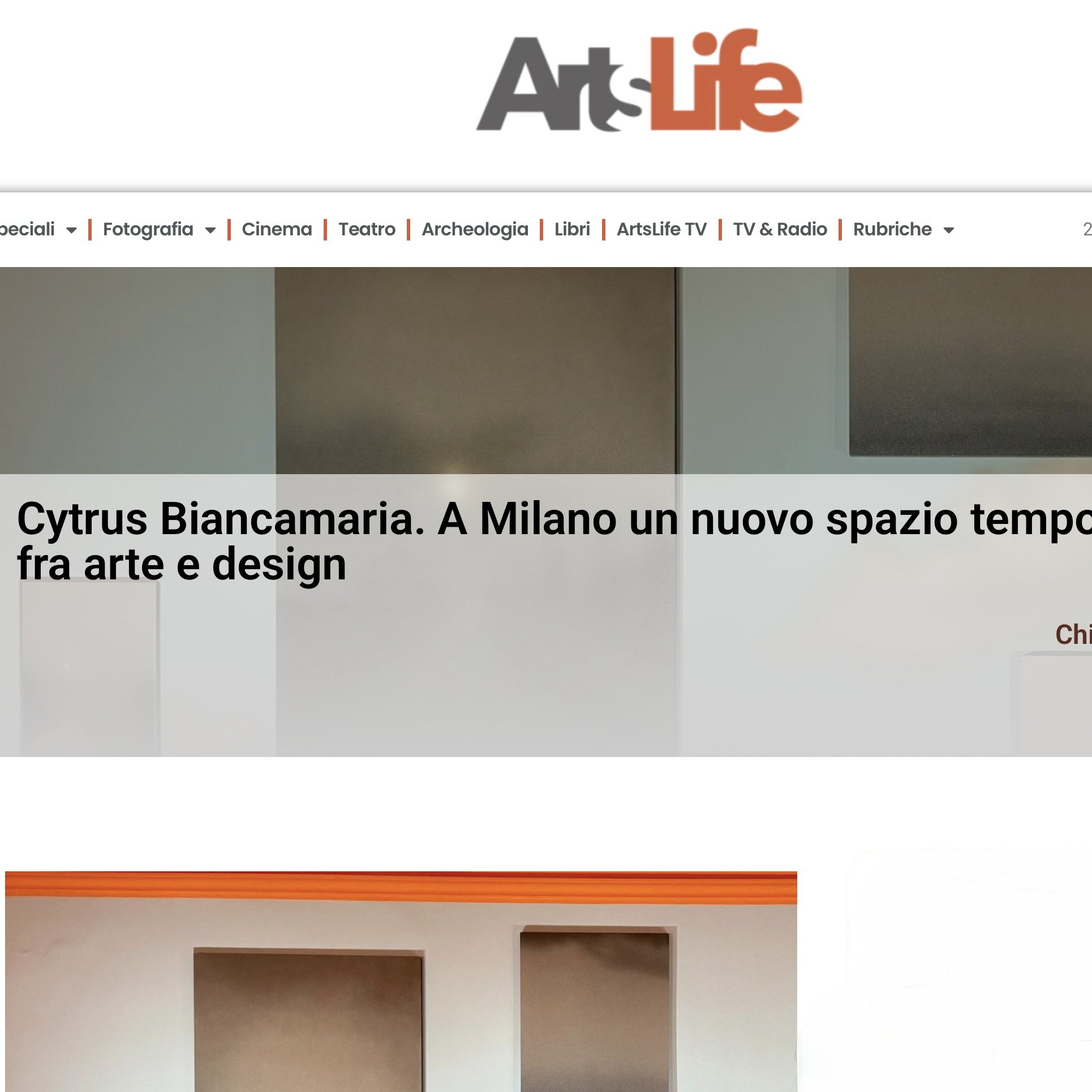Screenshot of ArtsLife website with a focus on a section about Cymrus Biancamarina, a new space in Milan dedicated to art and design, featuring modern architectural interior images.