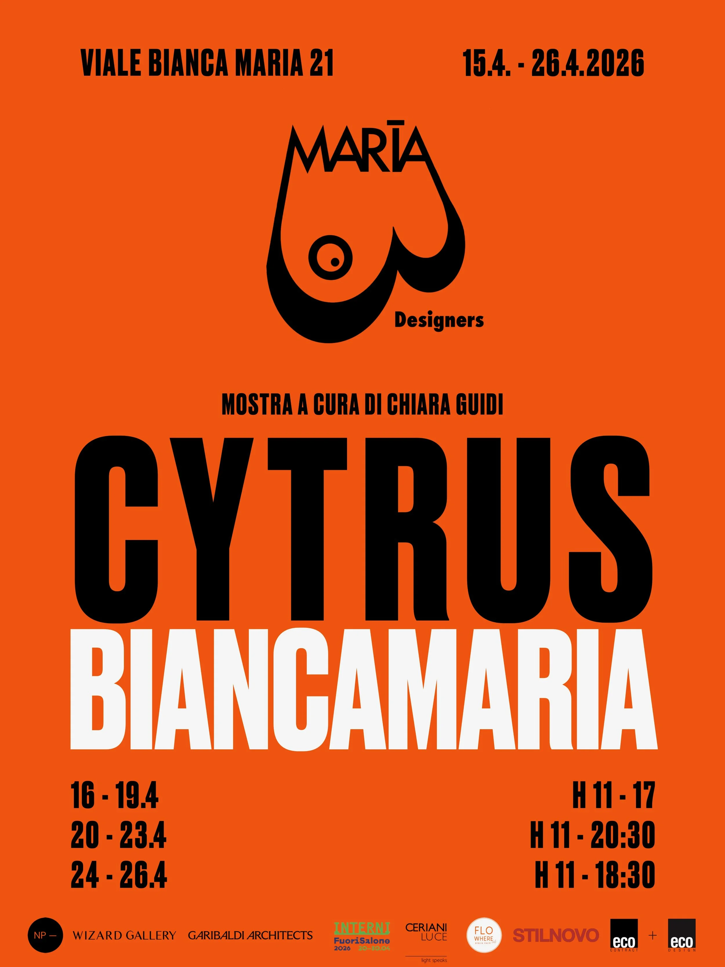 An orange poster with black and white texts announcing the C exhibition from April 15 to April 26, 2026, at Viale Bianca Maria 21. The poster features a stylized illustration of a woman's face integrated with text, and logos of various sponsors and collaborators at the bottom.