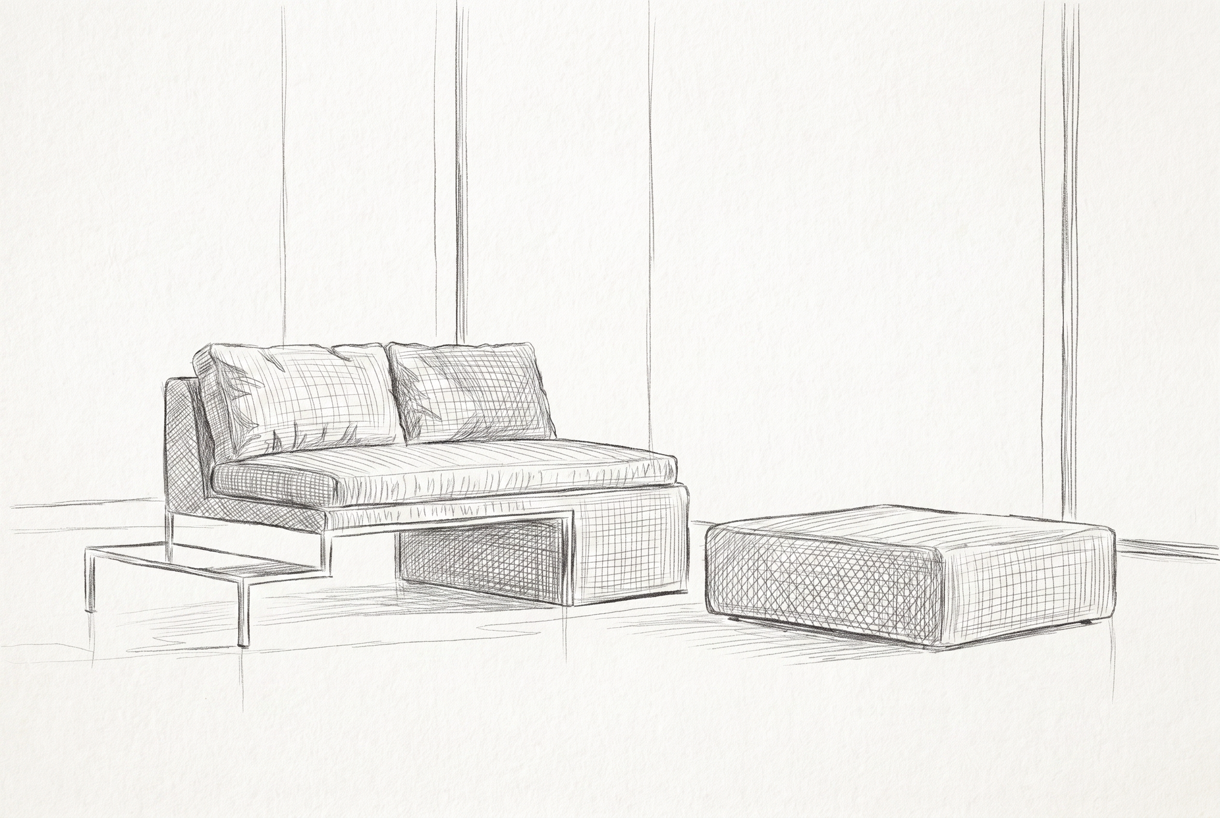 Sketch of a living room with a sofa, a small side table, and an ottoman.