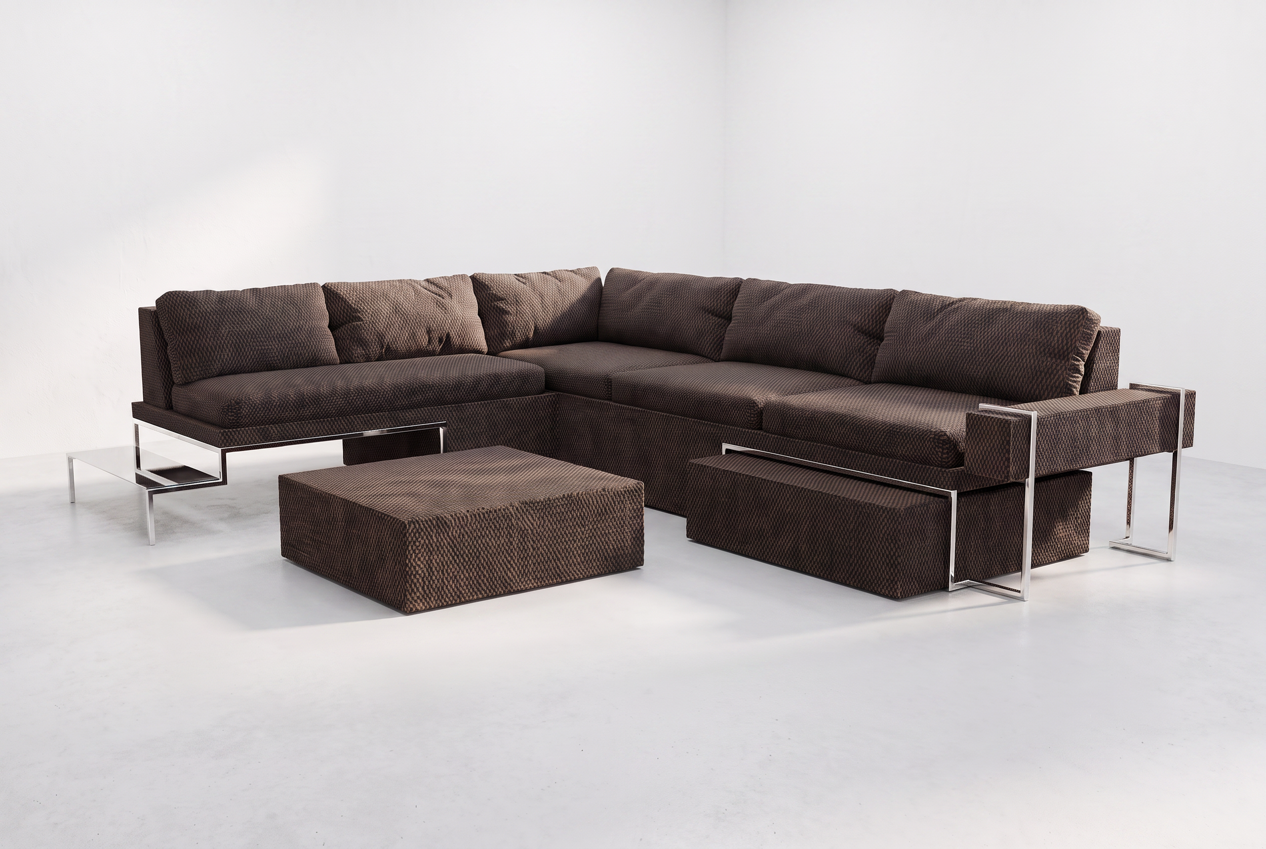 A modern brown textured sectional sofa with matching ottoman, metal side tables, and a white background.