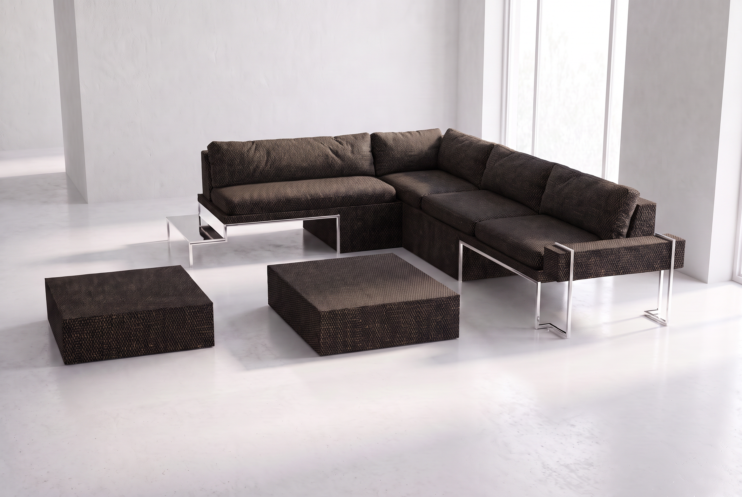 A modern living room with a dark brown sectional sofa, matching ottomans, and chrome-legged tables set against white walls and large windows