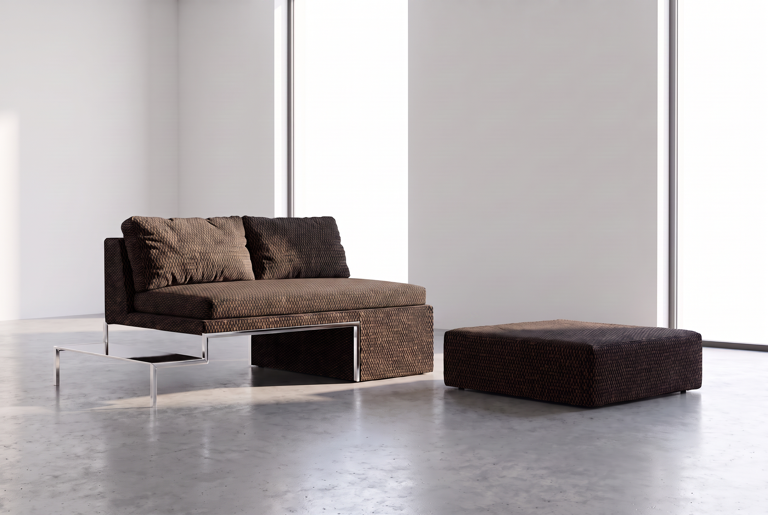 Modern living room with a brown patterned sofa and ottoman, minimalistic metal and glass coffee table, white walls, and large windows letting in natural light.