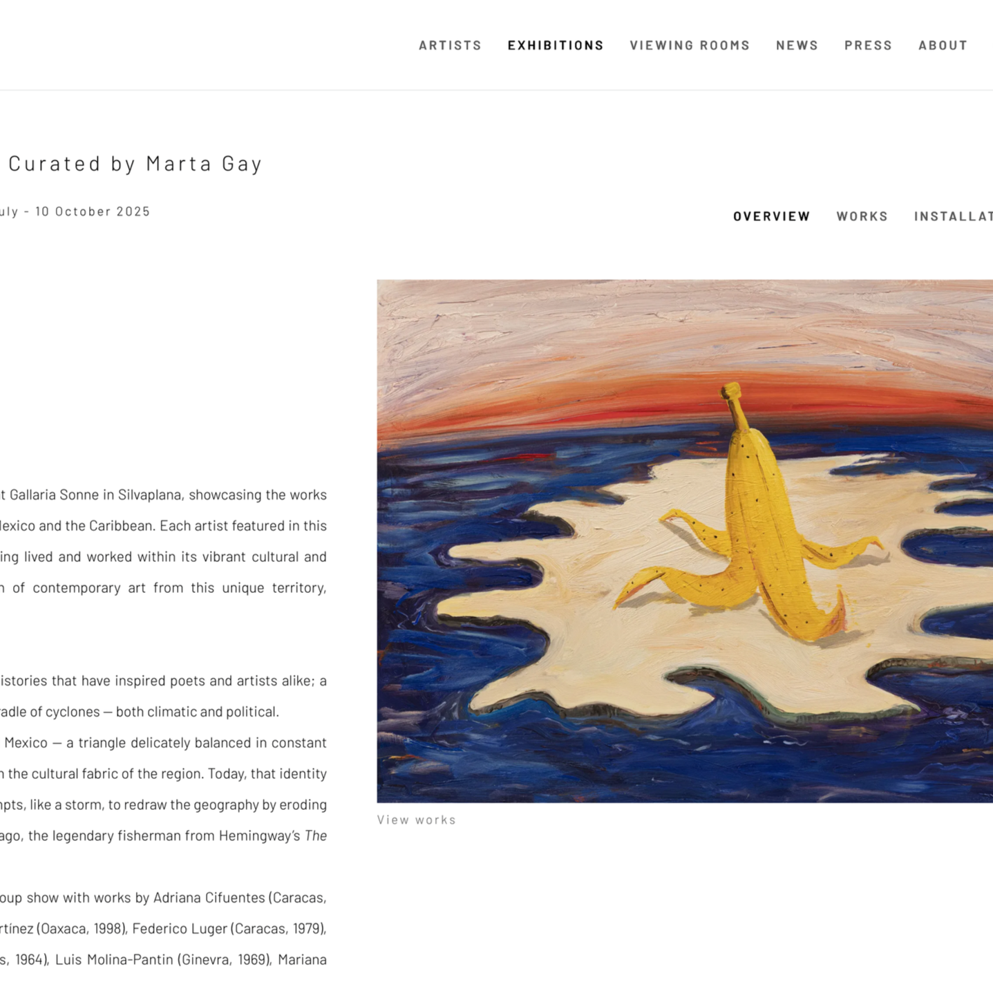 An art exhibit webpage showing a colorful painting of a yellow banana with tentacle-like extensions, set against a sunset sky and blue, white, and beige background.