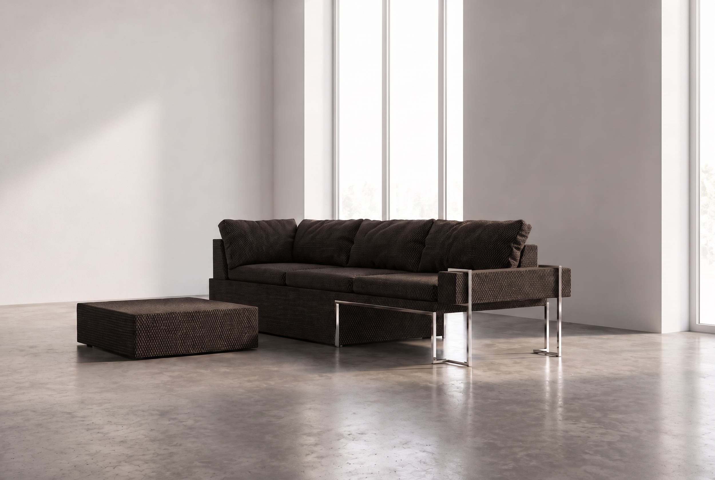 Minimalist living room with a dark brown textured sofa and matching ottoman, large vertical windows, white walls, and a light gray polished concrete floor.