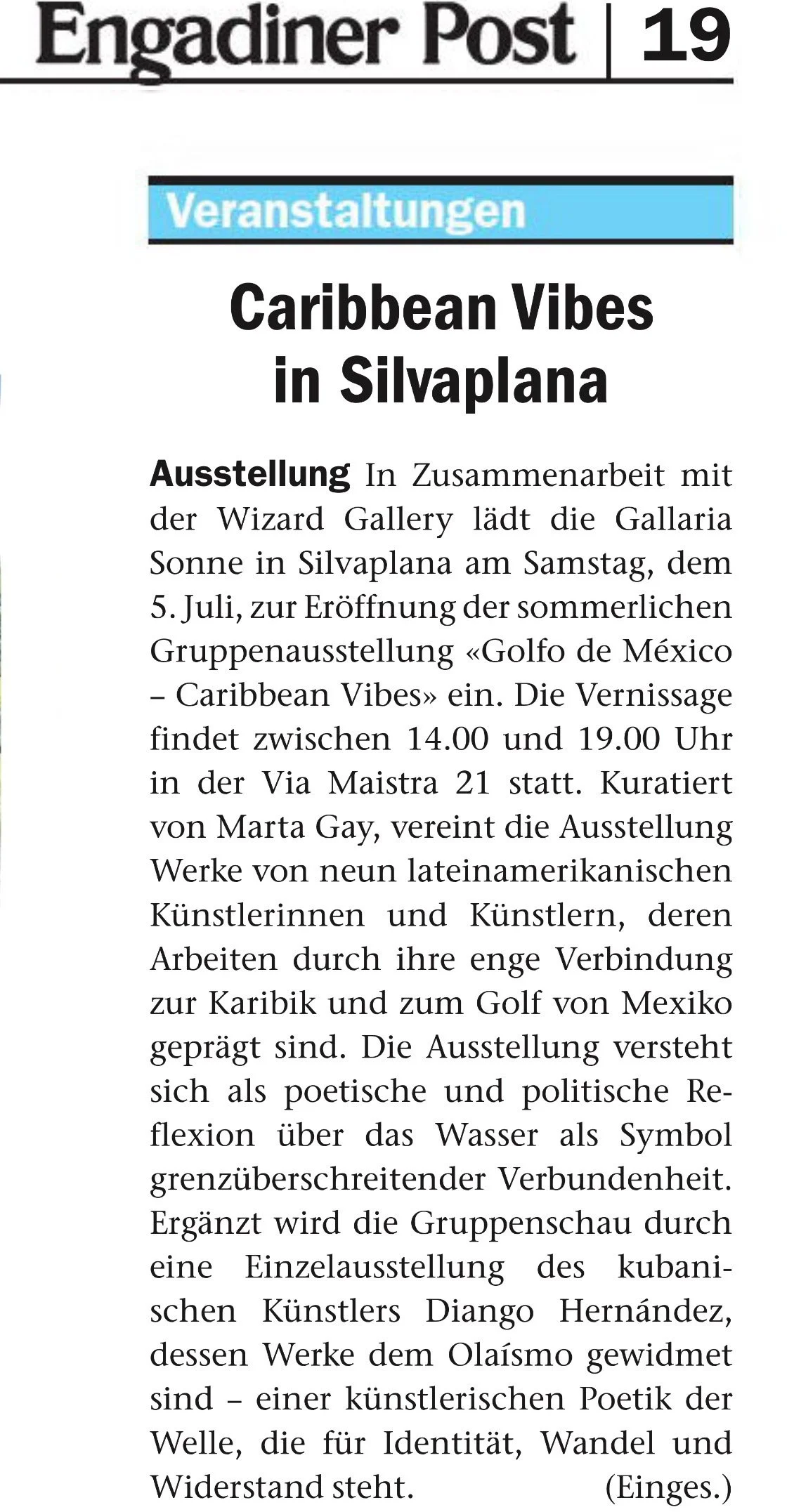 German newspaper page with the headline "Caribbean Vibes in Silvaplana" and the section titled "Veranstaltungen," detailing an art exhibit and an event scheduled for July 5th, including information about the curators and related artworks.