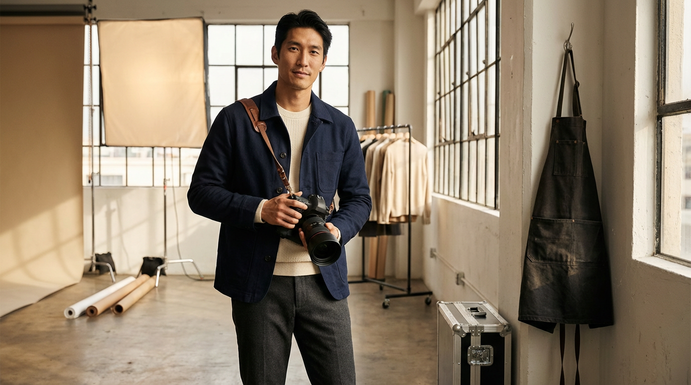 A man holding a professional camera inside a clothing studio with racks of clothes and photo equipment.