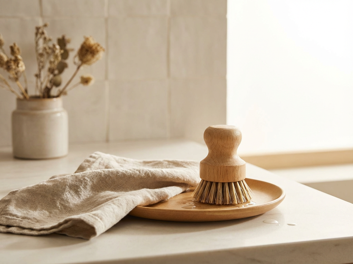 A wooden scrub brush on a round wooden tray with water droplets, a beige cloth, and a vase with dried flowers in a kitchen setting.