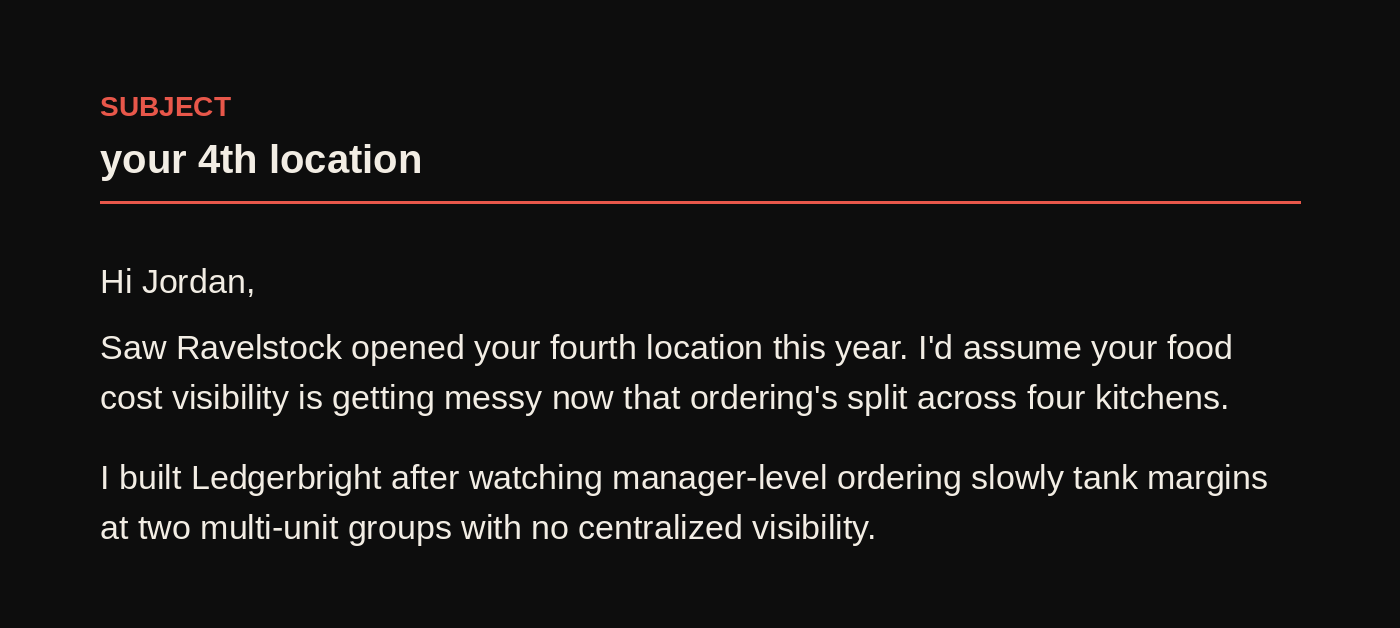 Example cold outbound email, showing a personalized subject line and opening lines referencing a prospect's specific signal.