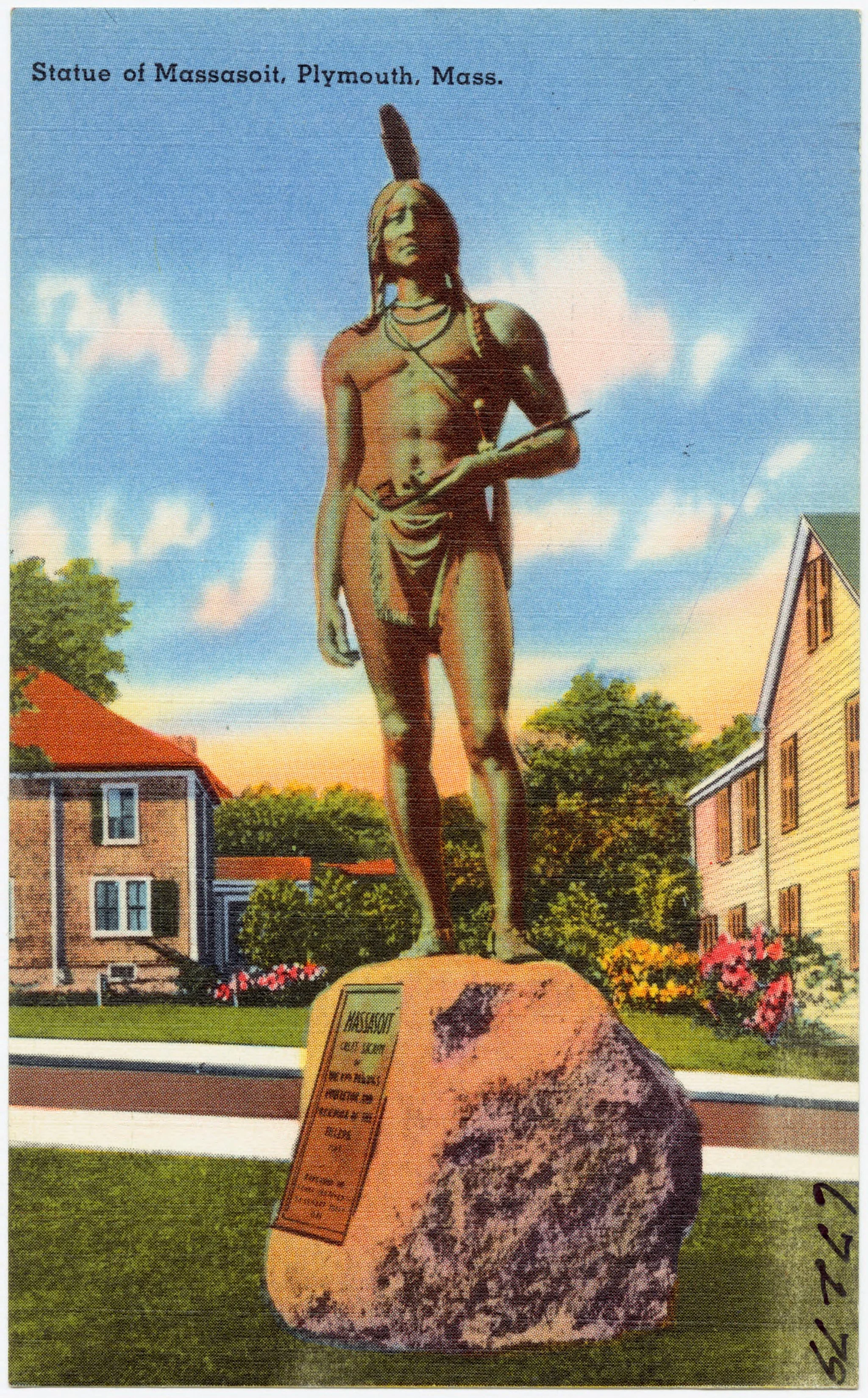 Vintage postcard illustration of the Statue of Massasoit in Plymouth, Massachusetts, depicting a Native American leader holding a spear among landscaped grounds and houses.