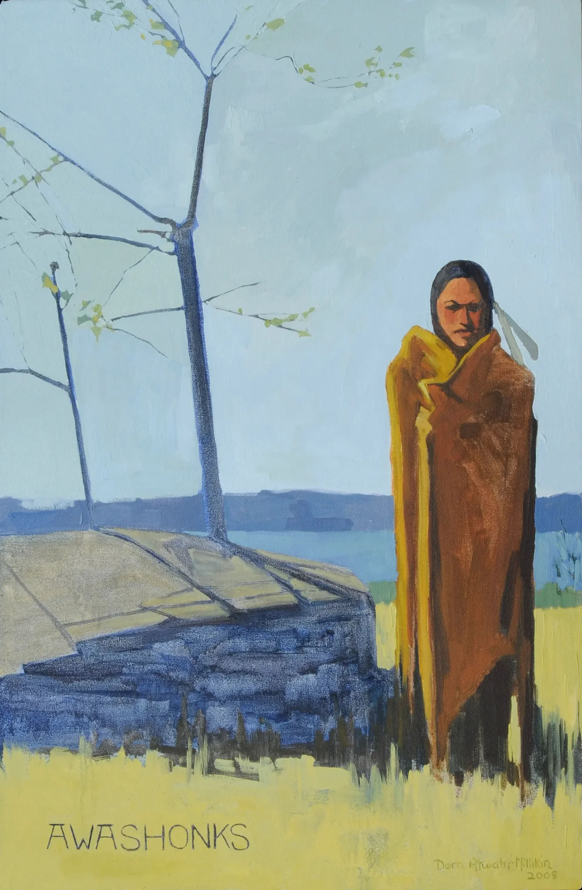 Painting of a bundled Indigenous person standing beside a leafless tree and stone structure in a snowy landscape