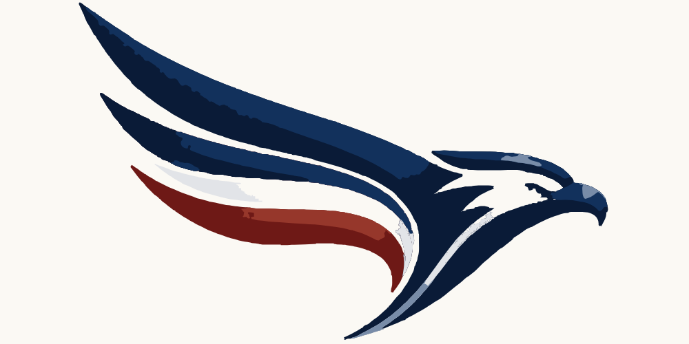 Stylized eagle with outstretched wings in red, white, and blue colors.