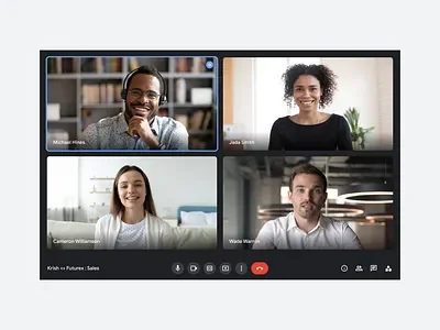A video conference call with four smiling participants, two men and two women, in different settings.