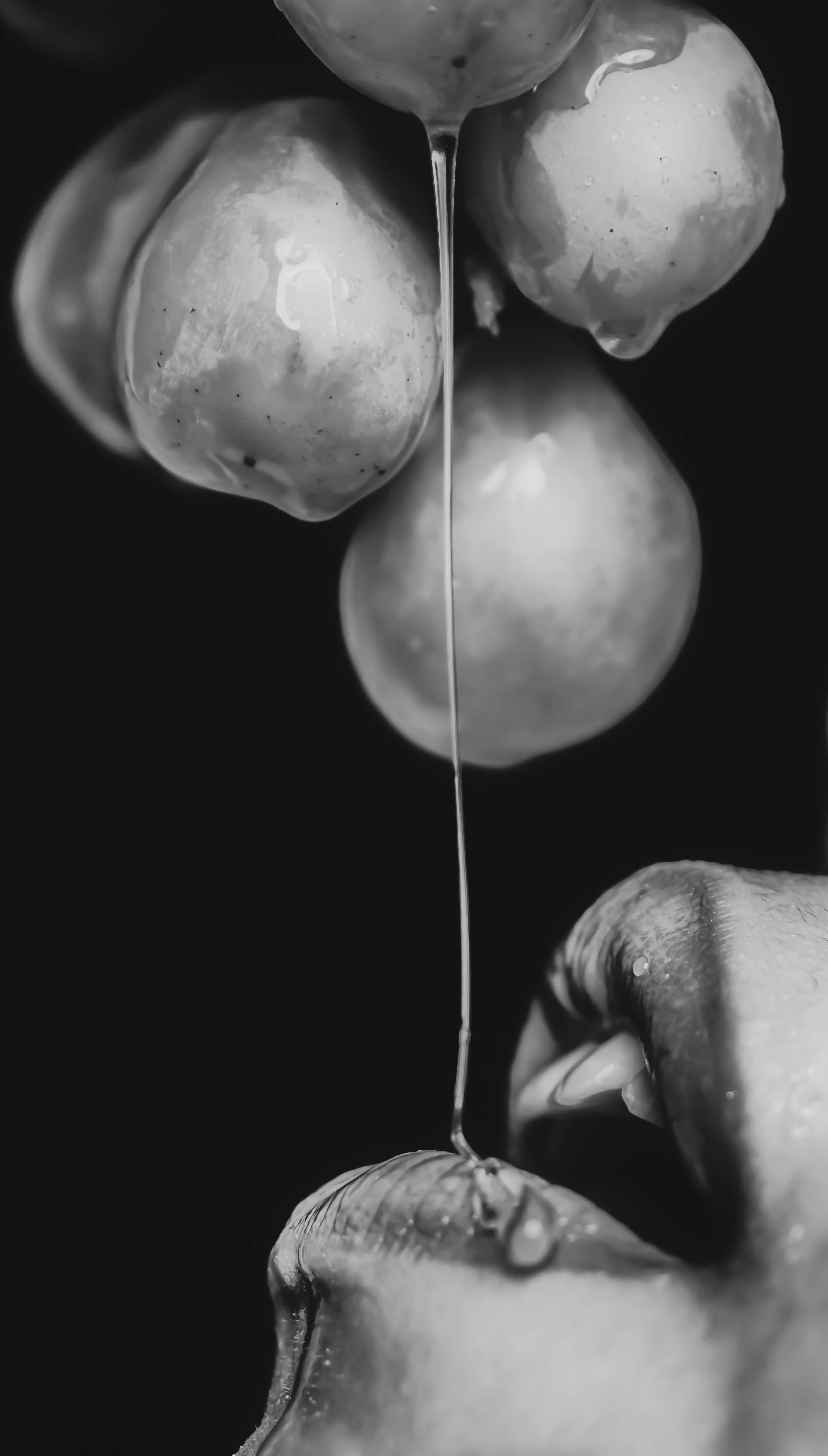 Black and white close-up of a person’s hand holding a slice of lemon, with honey dripping from a spoon onto the lemon.