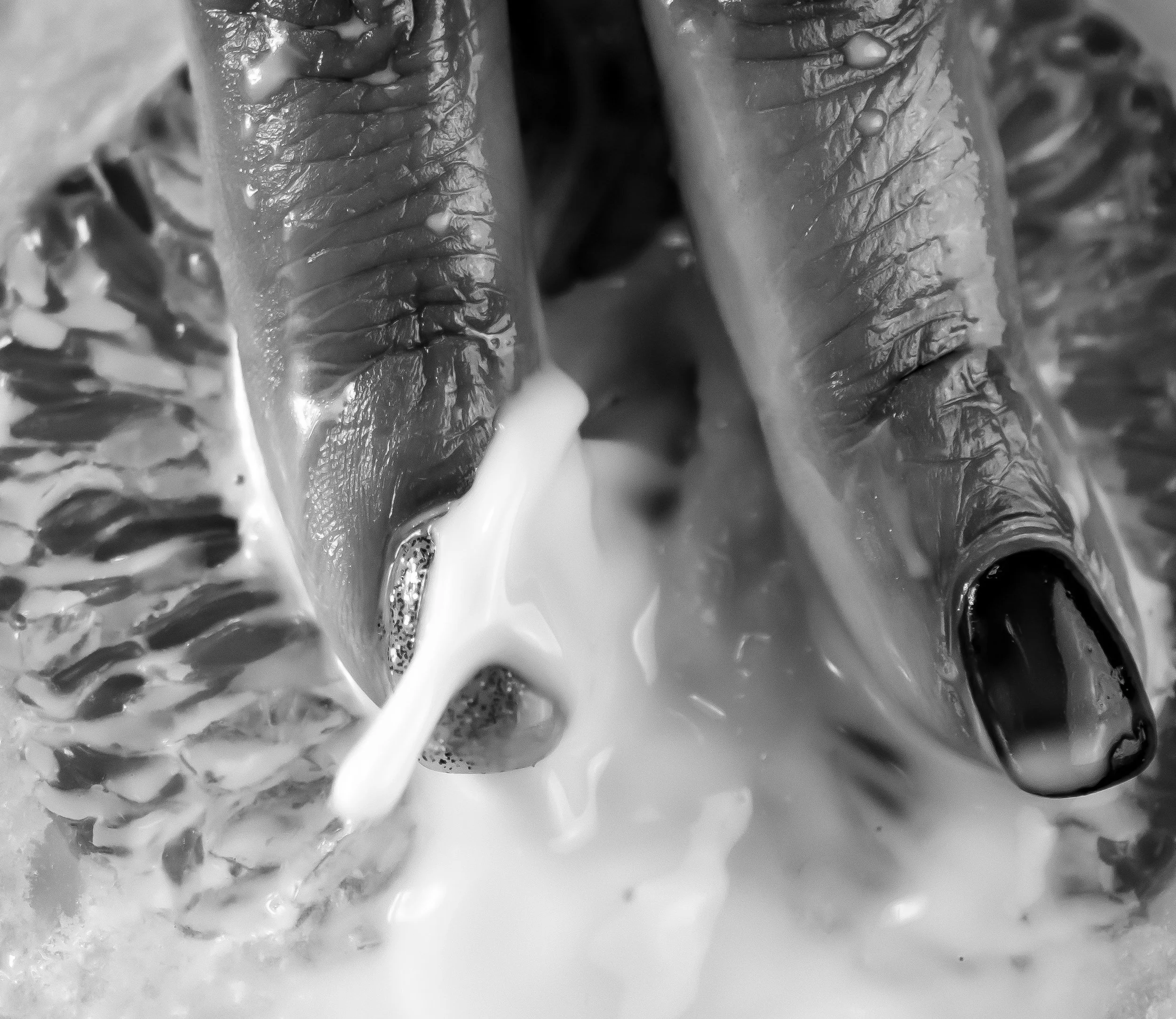 Close-up of a shiny, wrinkled metallic surface with liquid flowing over it, captured in black and white.