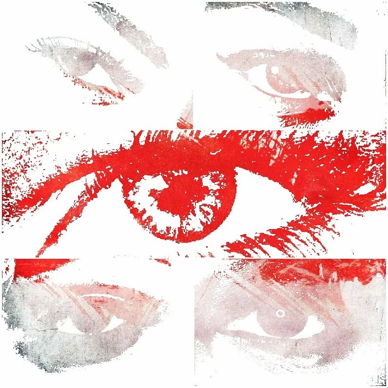 Digital collage of a woman's eyes and an eye with a red iris, artistically layered and blended with abstract textures and shades of red, white, and gray.