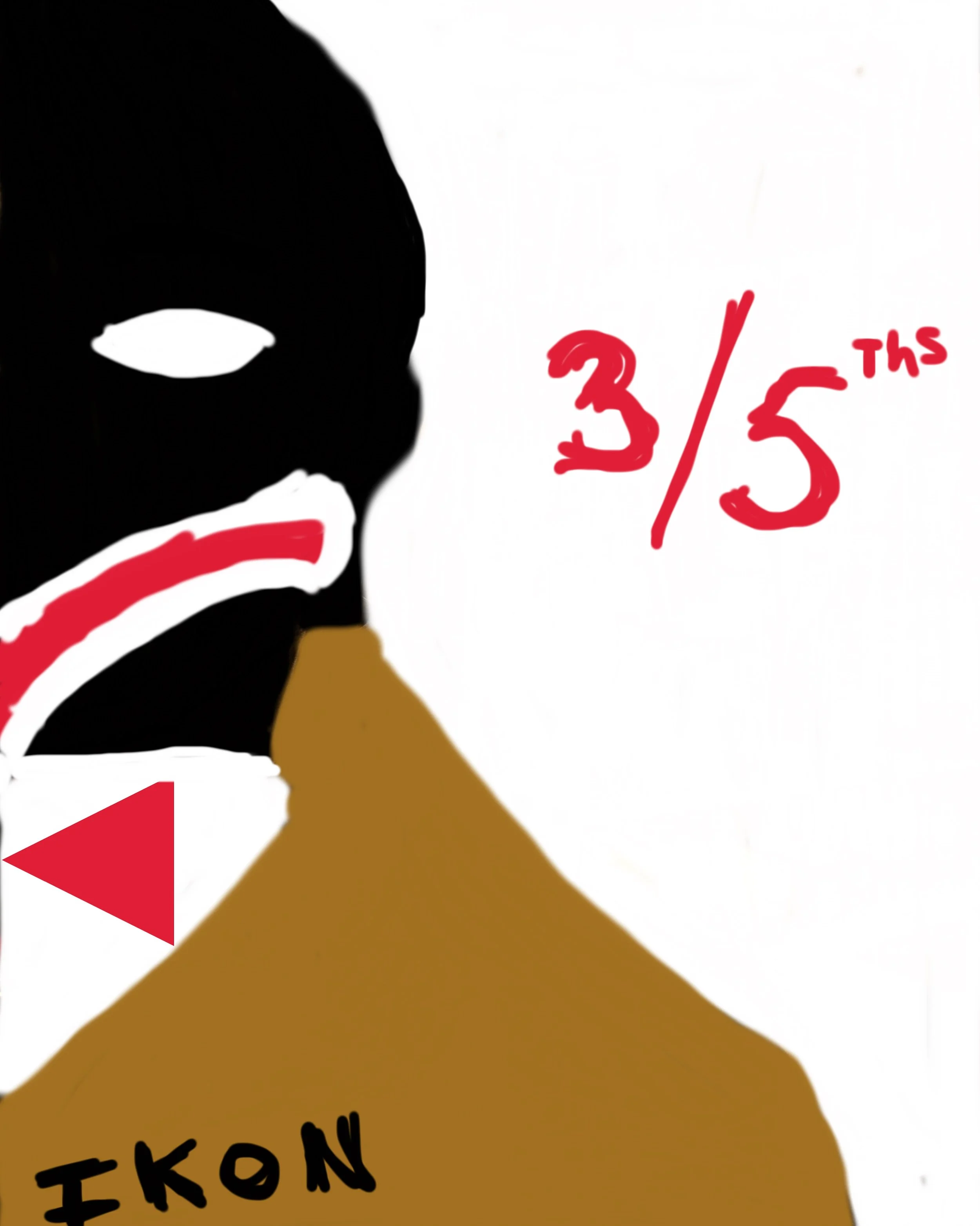 Close-up of a section of a black mask with white eye holes, red and white striped pattern on the neck, and handwritten text '3/5 THS' and 'EKON' in black on a brown background.