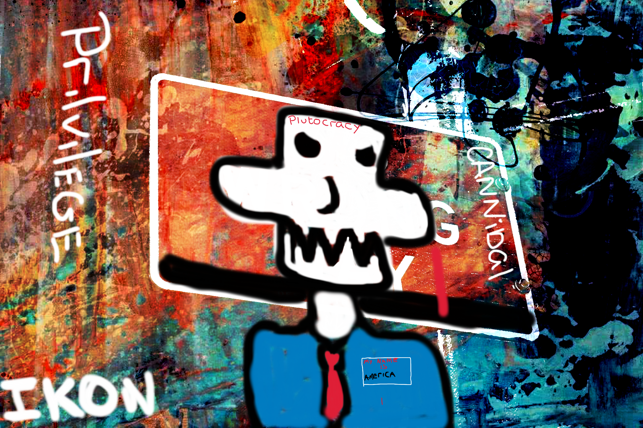 Cartoon drawing of a person with a white skull head, wearing a blue shirt with a red heart and a name tag that says 'My Name is America.' The background is multicolored with splashes of paint and graffiti-style writing, including the words 'Plutocrac