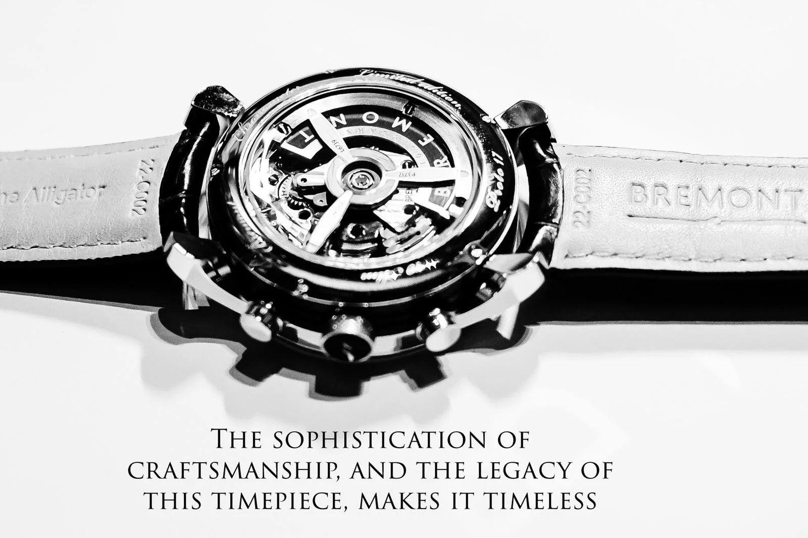 A close-up view of a mechanical wristwatch with a leather strap. The watch face displays complex gears and markings, with text underneath the watch reading: 'The sophistication of craftsmanship, and the legacy of this timepiece, makes it timeless.'