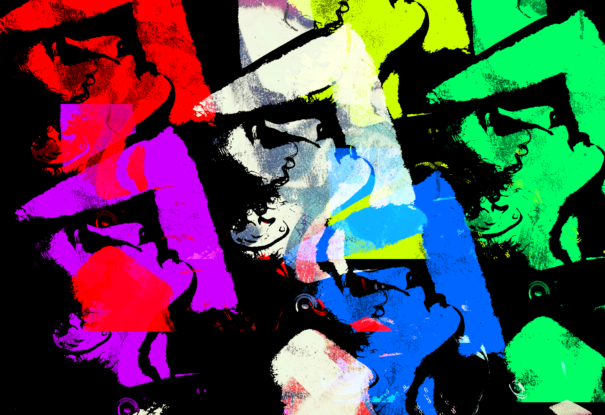 Abstract colorful artwork featuring overlapping silhouettes of people with different facial expressions and headwear, in vibrant colors of red, purple, blue, green, yellow, and white, on a black background.