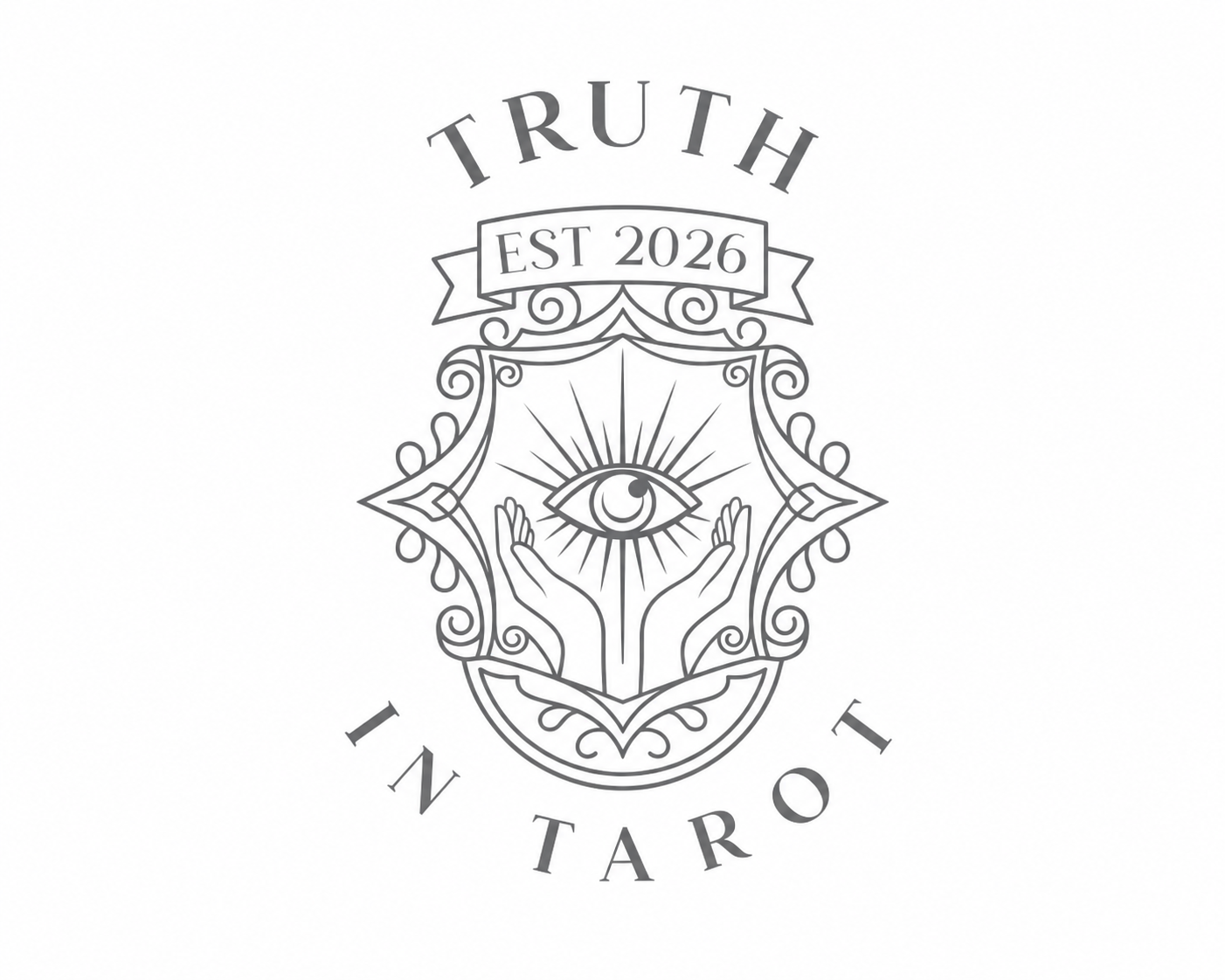 A monochrome tarot card emblem featuring an eye within a radiant sun, supported by two hands, surrounded by ornate scrollwork. The words 'Truth' at the top, 'In Tarot' at the bottom, and 'Est 2026' on a banner in the middle.