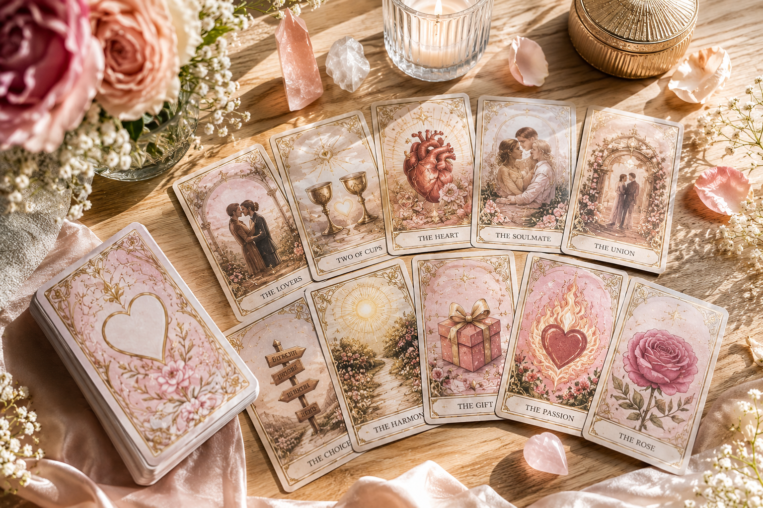 A spread of tarot cards on a wooden surface, surrounded by flowers, candles, and crystals, with cards depicting love, heart, soulmate, union, and other romantic or spiritual symbols.