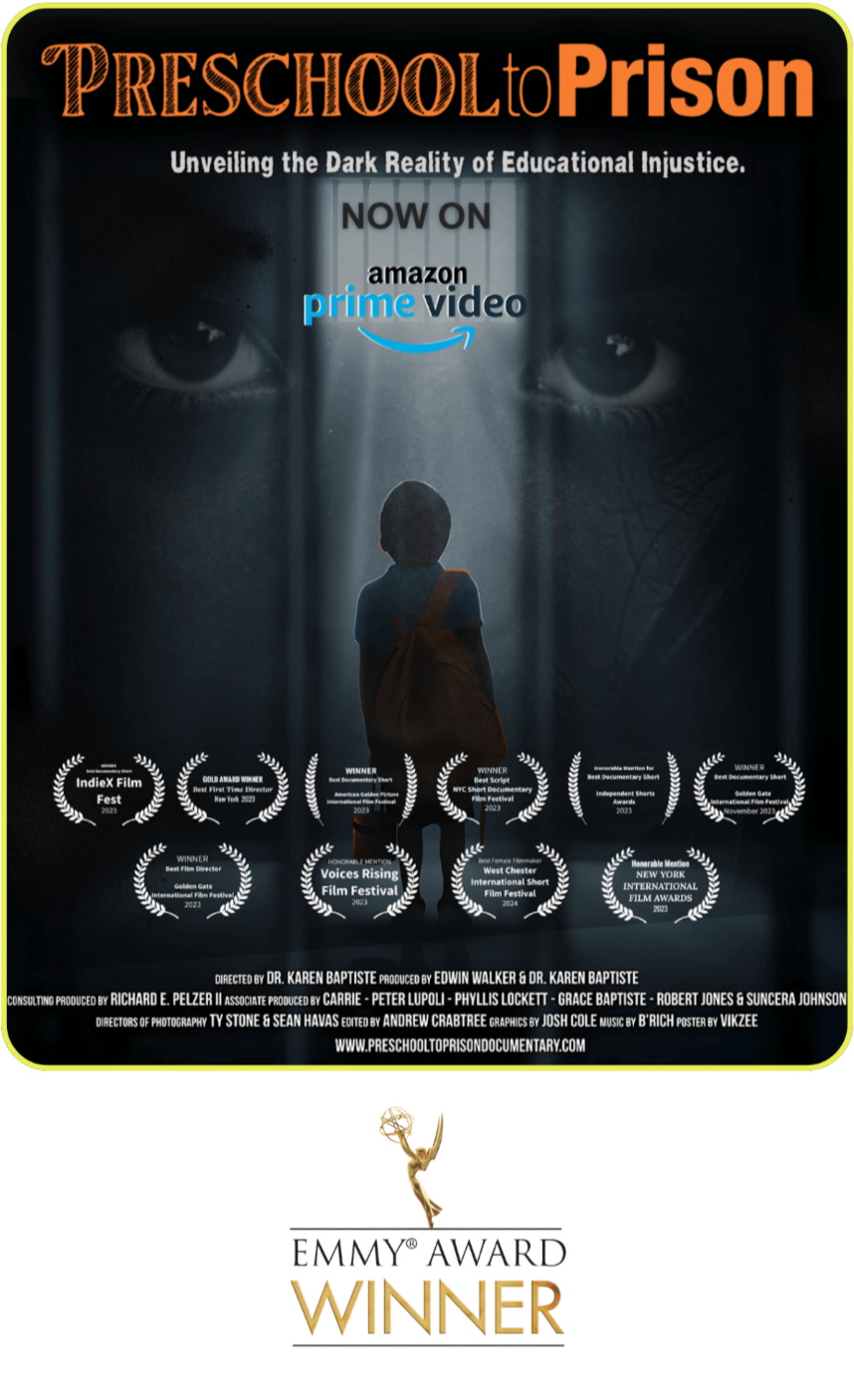 Poster for the documentary 'Preschool to Prison' with a dark background, featuring a silhouette of a child with a backpack facing a large face with piercing eyes. The poster promotes the film now available on Amazon Prime Video and lists awards won by the film.