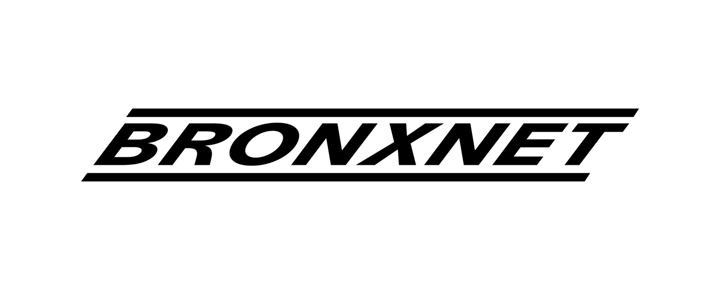 Black and white line drawing of the Bronxnet logo with stylized text 'BRONXNET' enclosed in a dynamic rectangular frame.