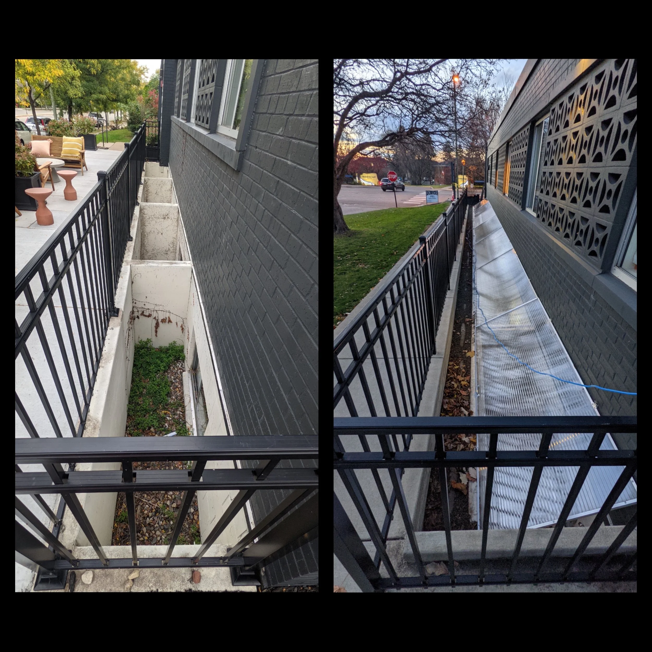 Before and after images of a building side, showing repairs to the decorative brickwork, with a railing and sidewalk in the foreground and parking lot in the background.