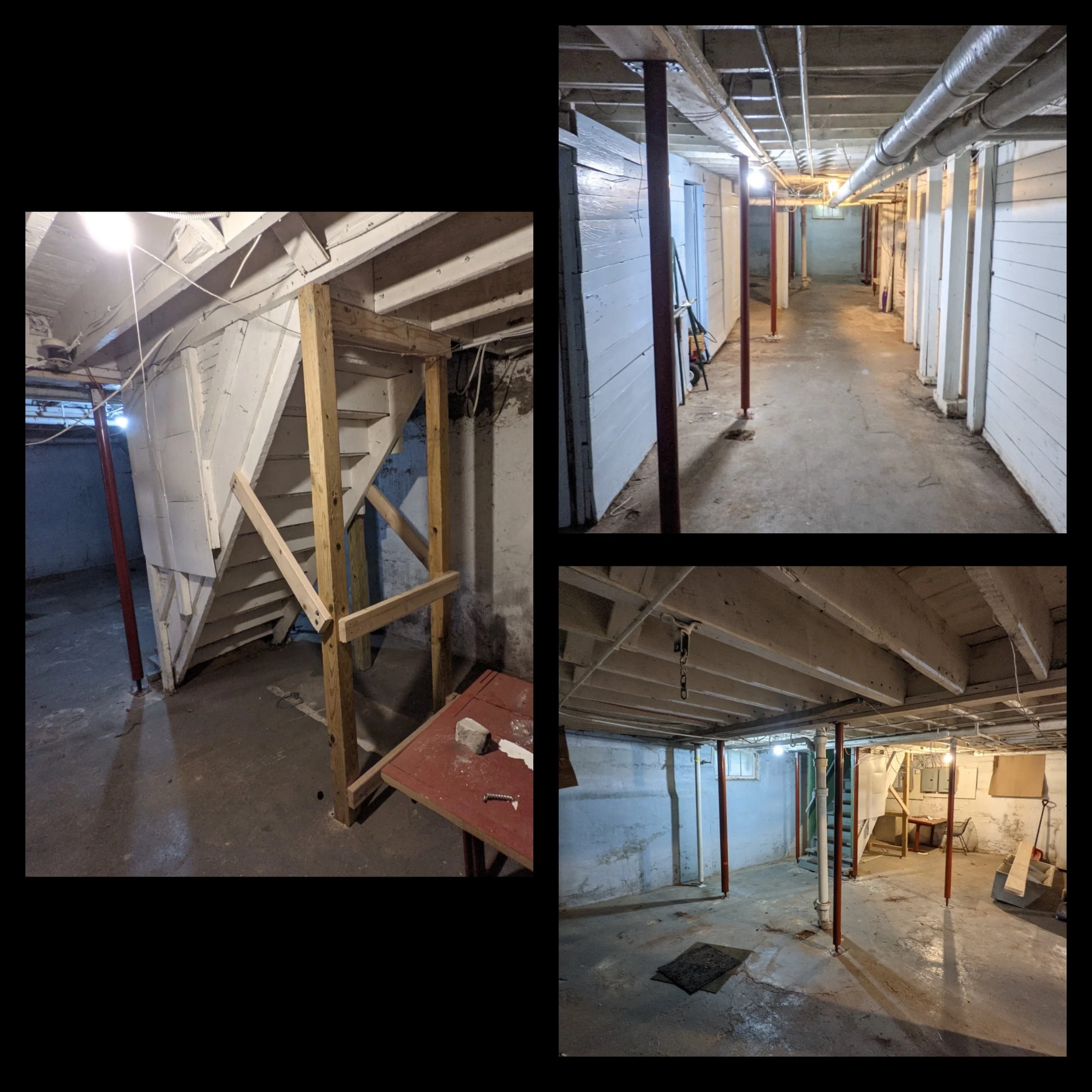 Construction site showing scaffolding, wooden framing, and exposed pipes in an interior space.